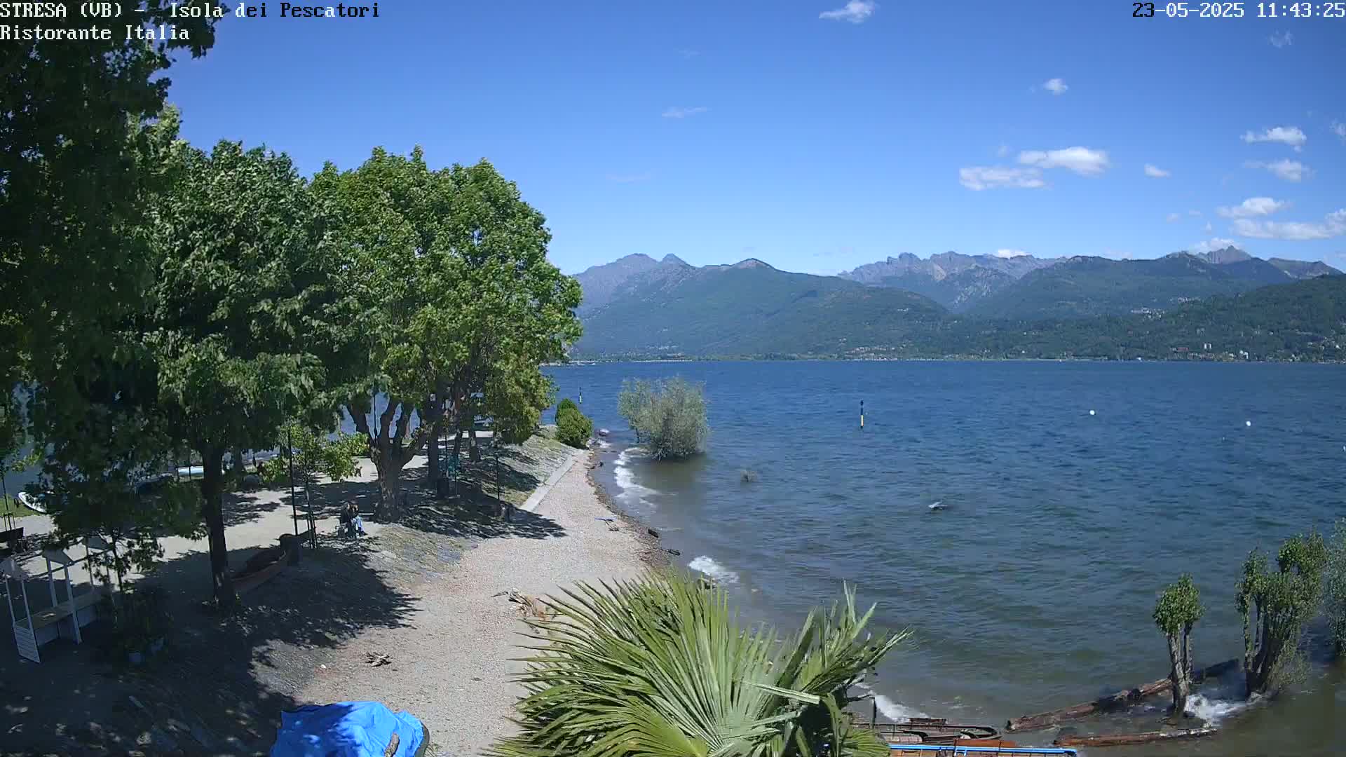 A sunny day at a lakeside beach with green trees, mountains in the distance, and gentle waves lapping the shore.