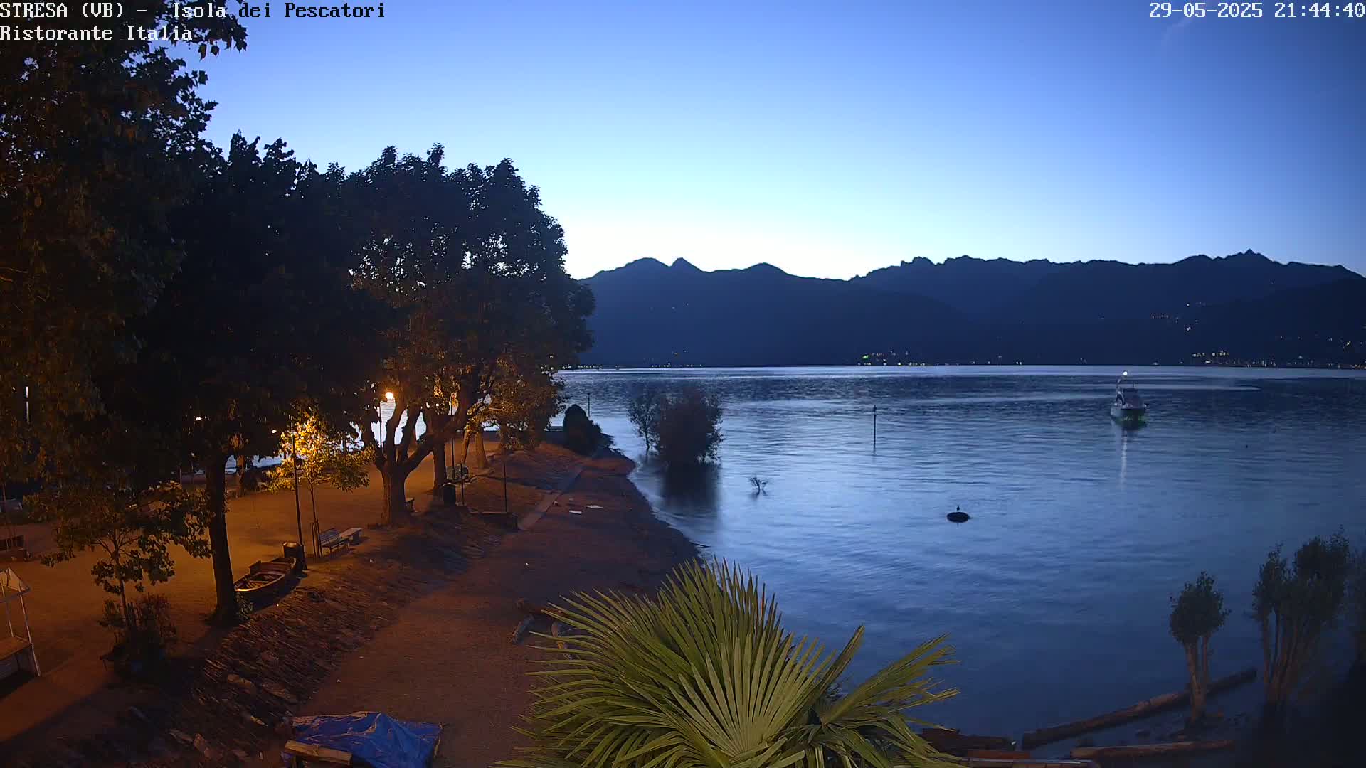 A nighttime view of a calm lake with a boat in the distance, under a twilight sky, and a shoreline with trees, benches, and a palm tree.