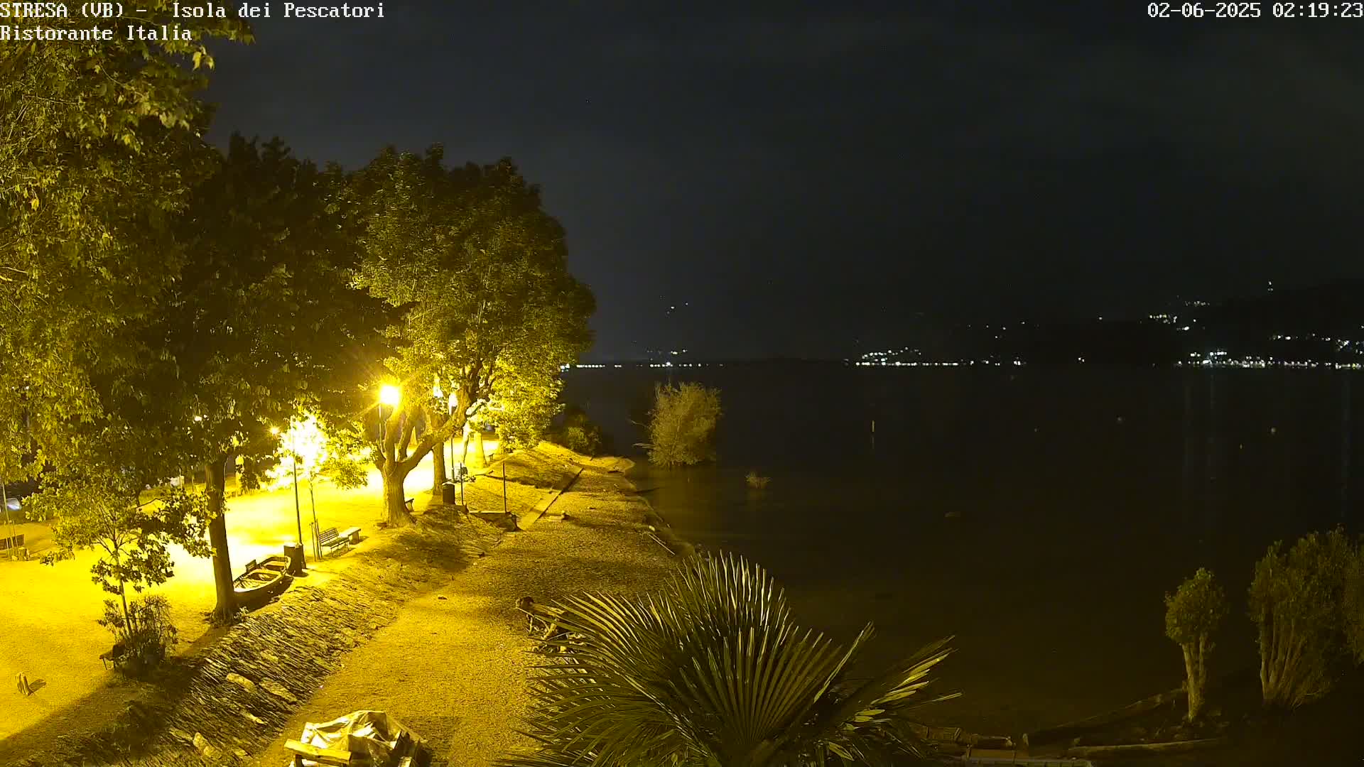 A nighttime view of a lakeside area with trees illuminated by streetlights, a small boat, and a calm body of water reflecting distant lights.