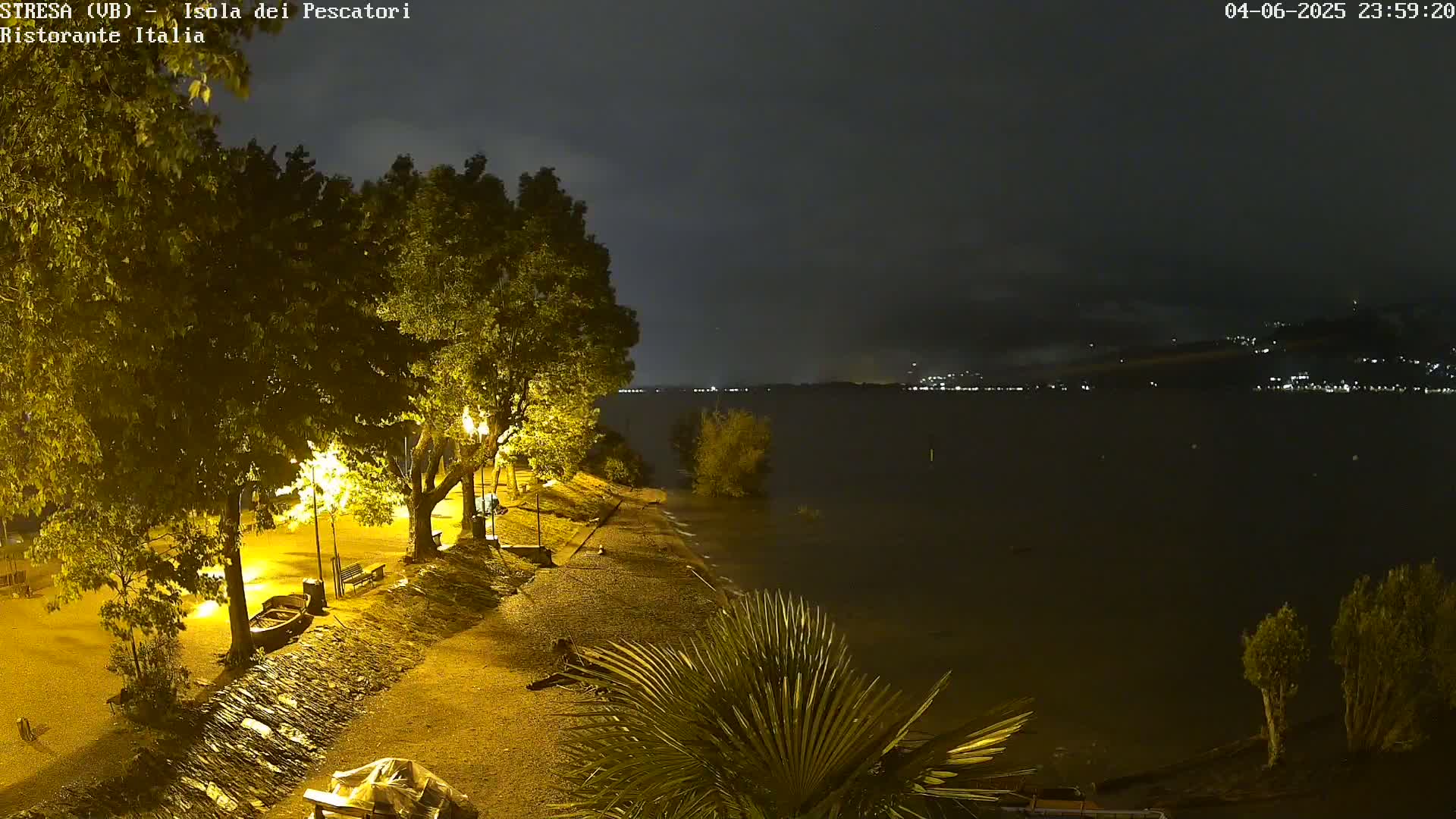 A nighttime lakeside scene shows a wet, gravelly shoreline illuminated by streetlights under a dark, cloudy sky.