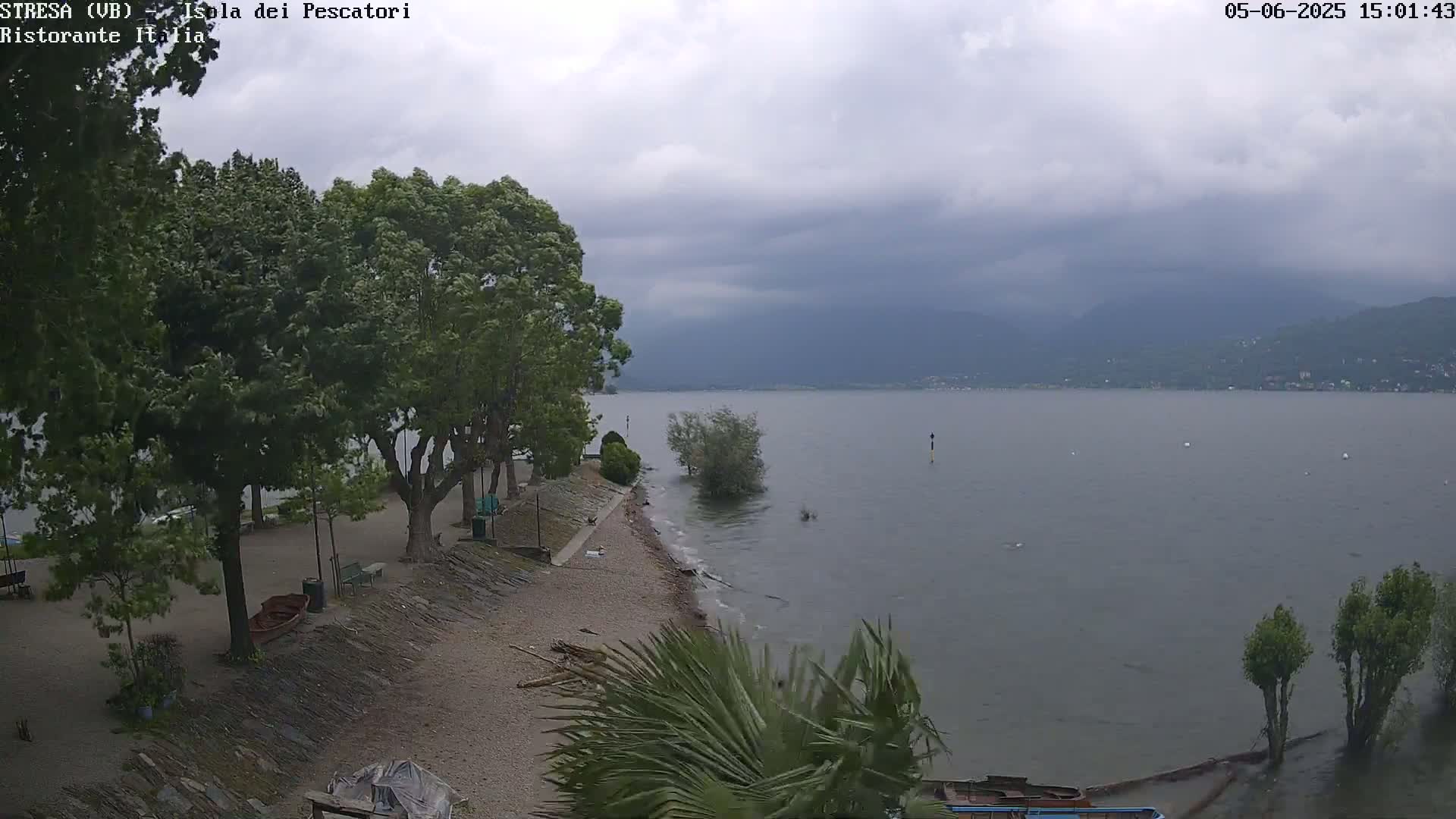 A lake shore with trees and a sandy beach is visible under an overcast sky, with some small waves on the lake.