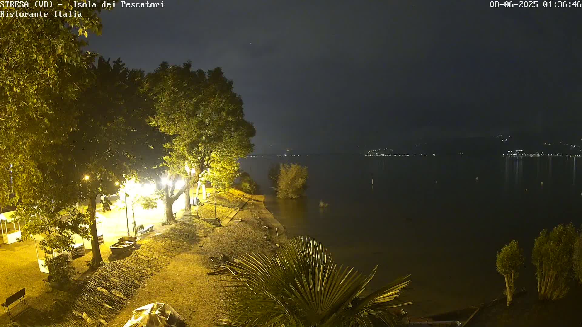 A nighttime view of a calm lake, illuminated by lights along a tree-lined shore, with a small overturned boat visible near the water's edge.
