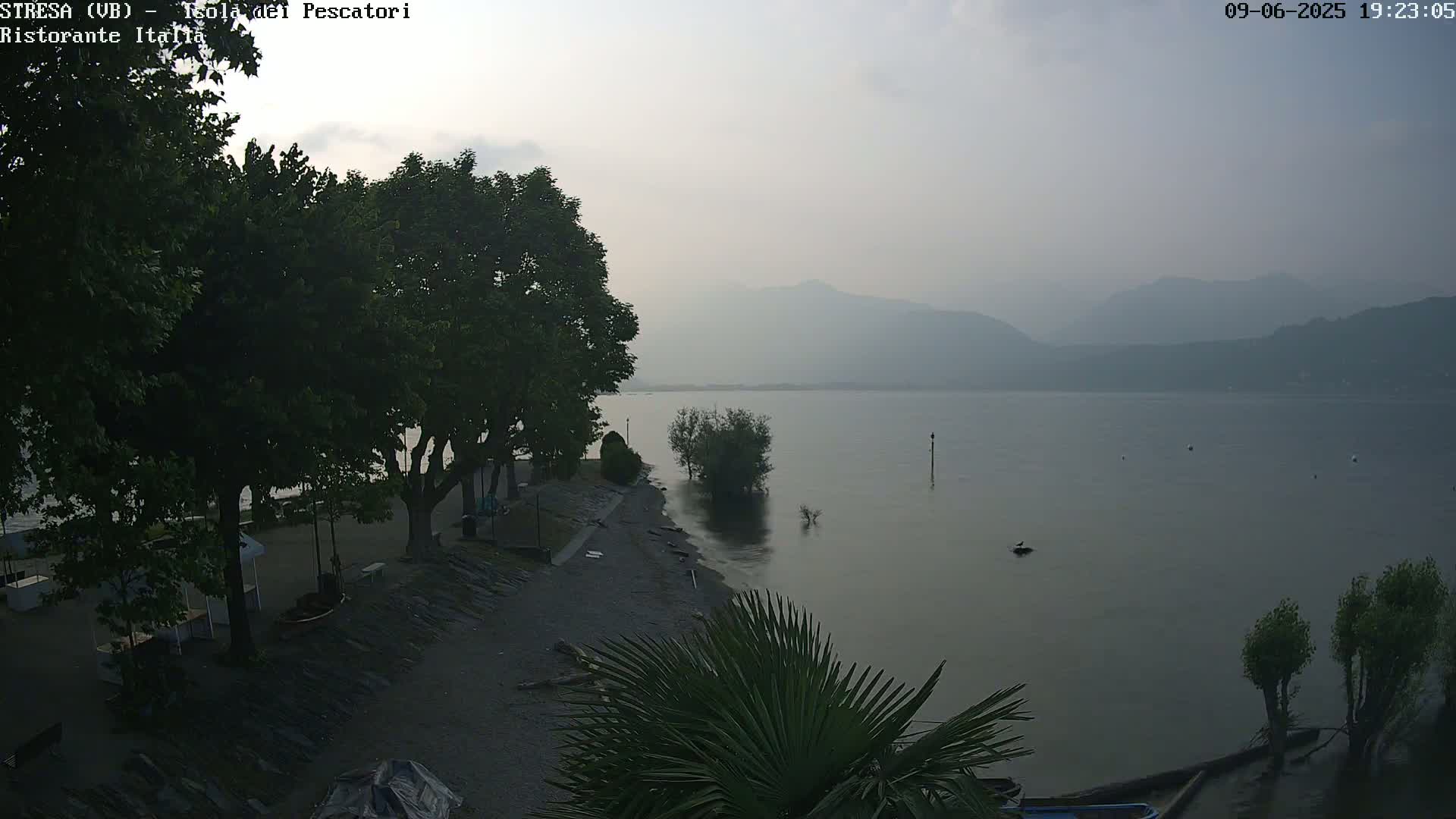 A hazy, calm lake stretches to distant mountains under a muted sky, bordered by a tree-lined shore with a pebble beach.