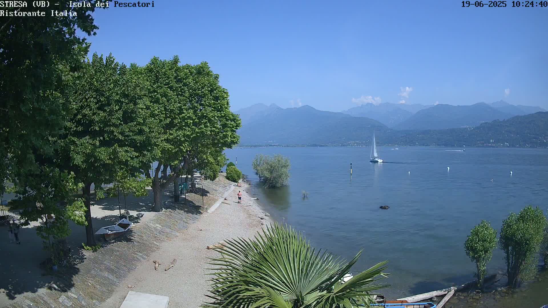 A sandy lakeshore with trees, a few people, and a sailboat on calm blue water, under a clear blue sky with some clouds and mountains in the distance.