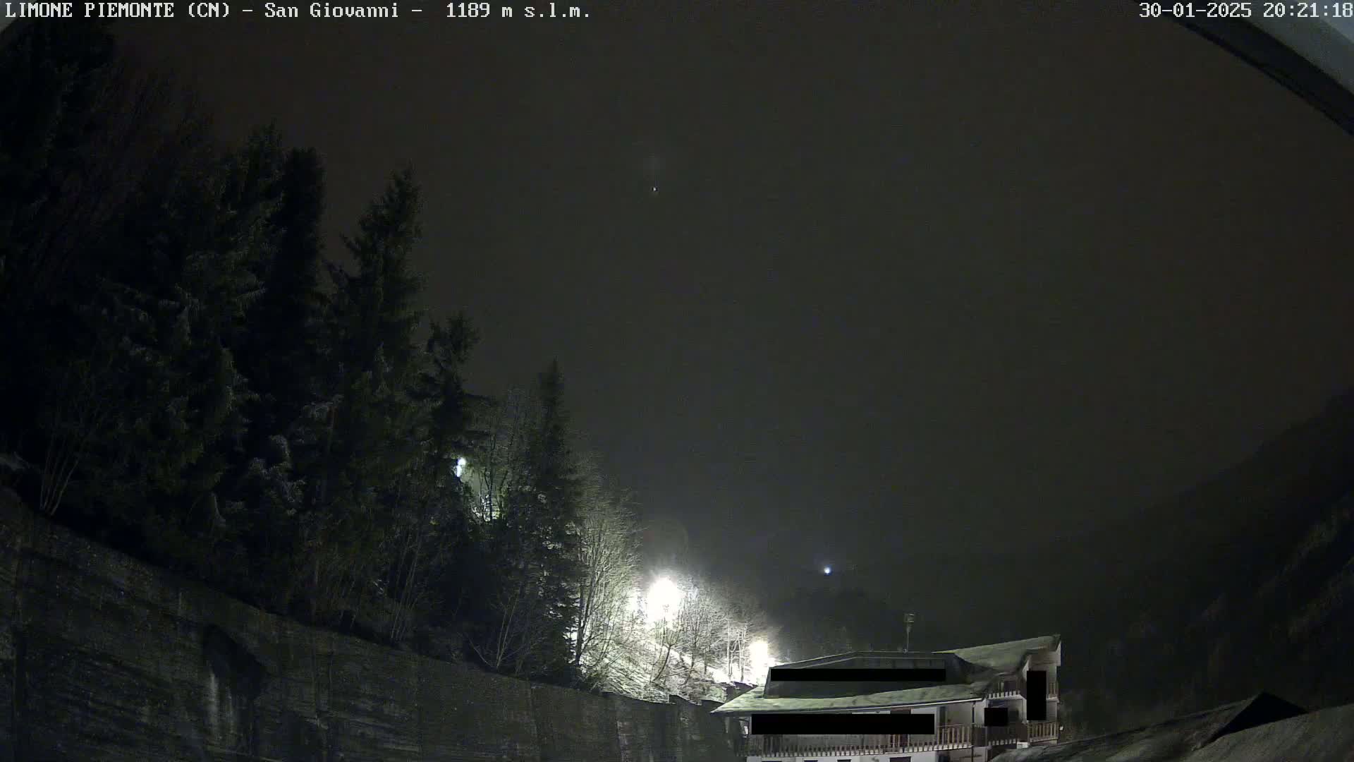 A nighttime, snowy scene shows dark evergreen trees on a hillside next to a snow-covered building under a dark sky.