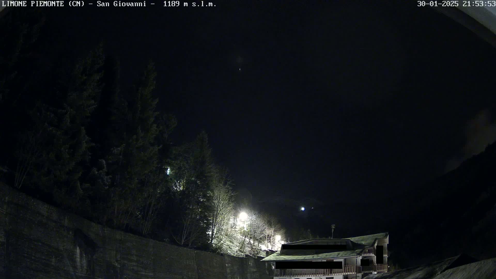 A nighttime view of a dark hillside with evergreen trees, a building, and some lights, under a clear, dark sky.
