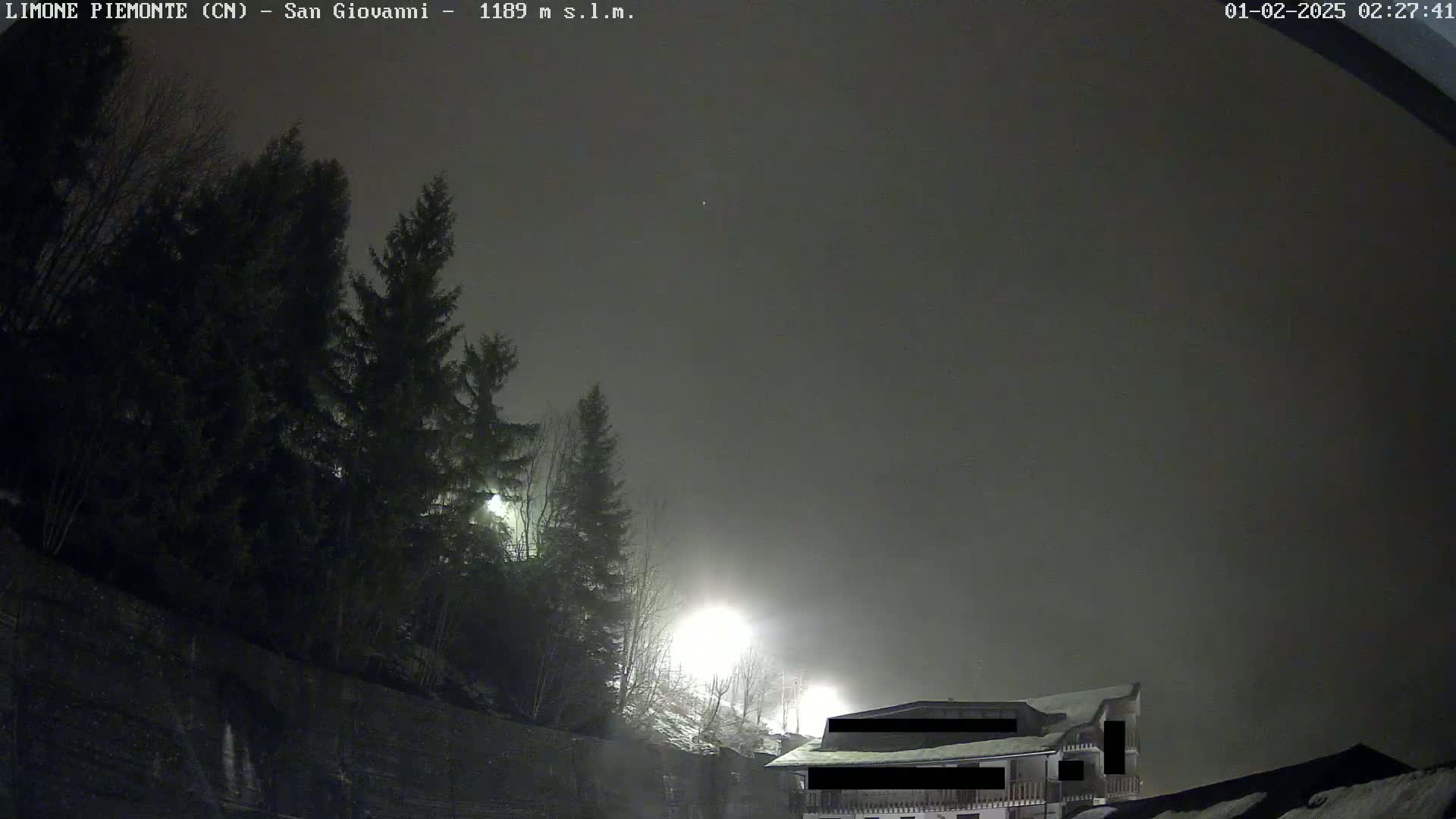 A nighttime scene shows a building partially obscured by heavy fog or snow, with dark evergreen trees in the foreground and faint light sources in the distance.