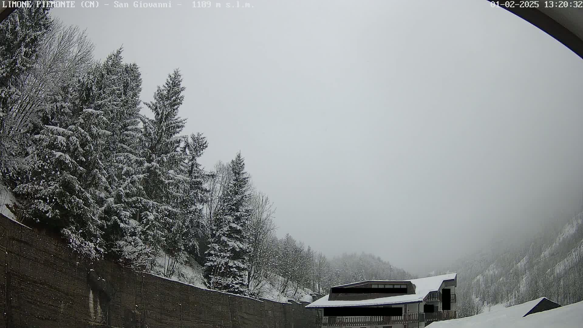 Snow-covered evergreen trees line a hillside, with a snow-covered building partially visible in the lower right, under an overcast sky.