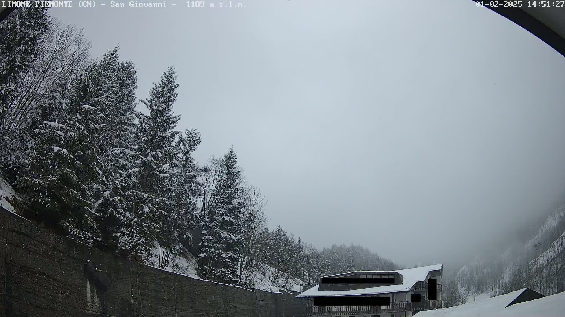 Snow-covered evergreens and a snow-covered building are visible under an overcast sky.