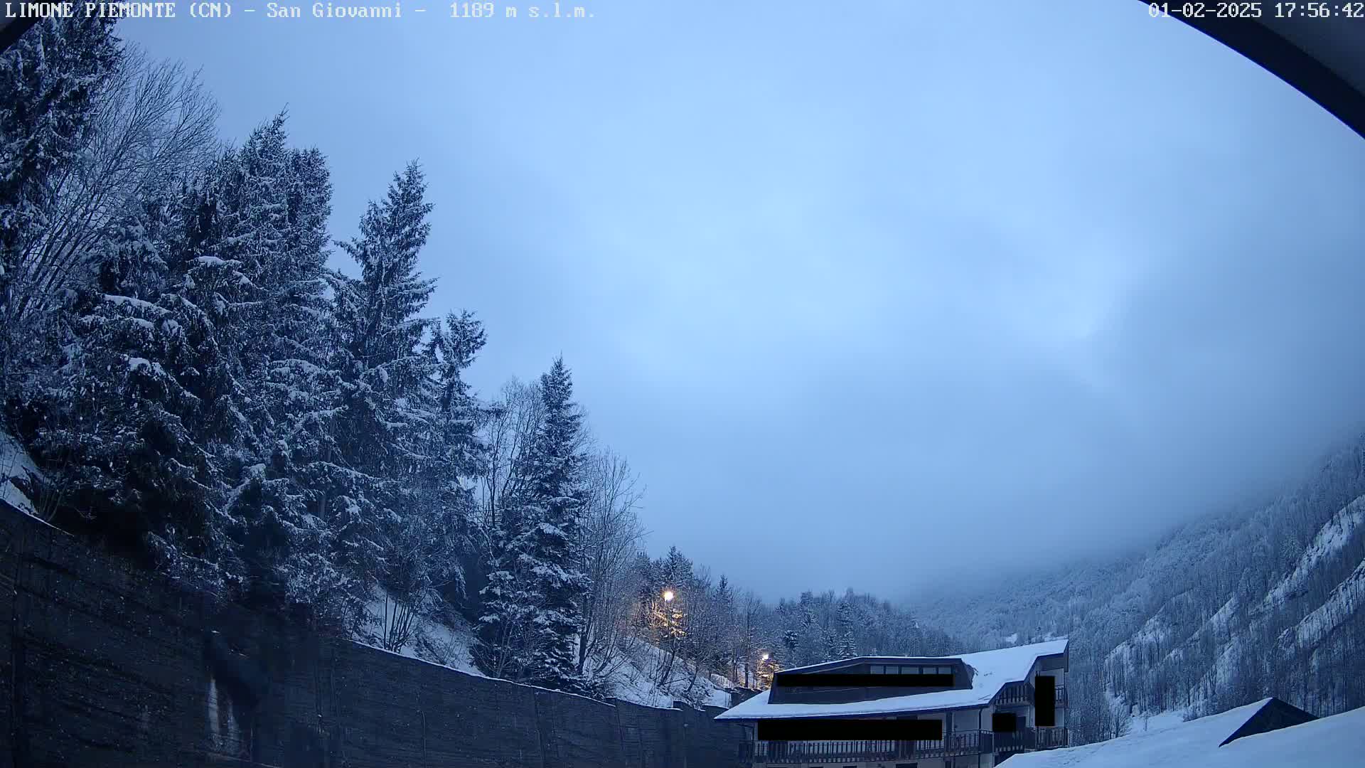 Snow-covered evergreen trees line a hillside overlooking a building in a foggy, twilight setting.