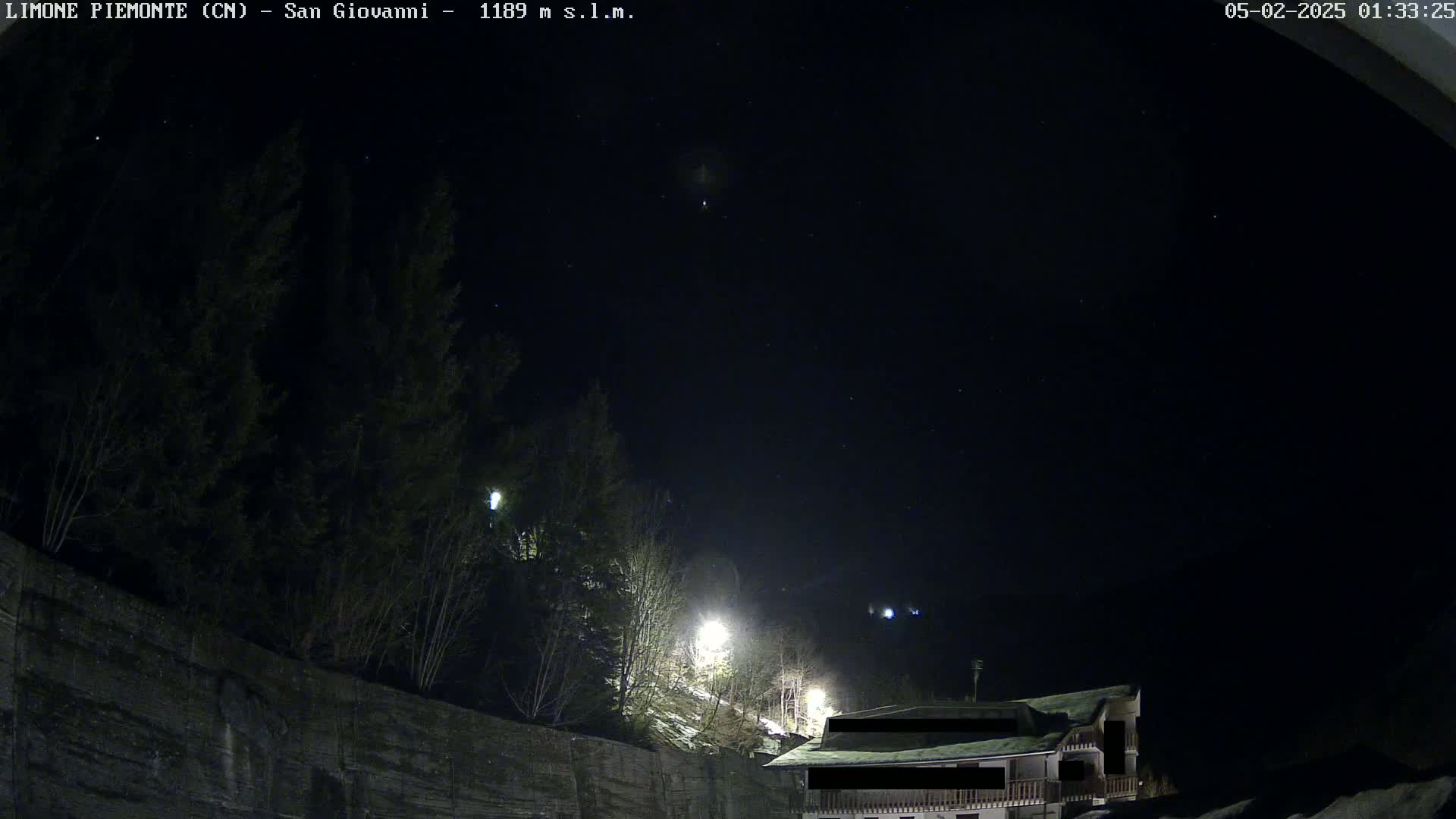A nighttime view of a snow-covered hillside with trees and a building under a clear, starlit sky.