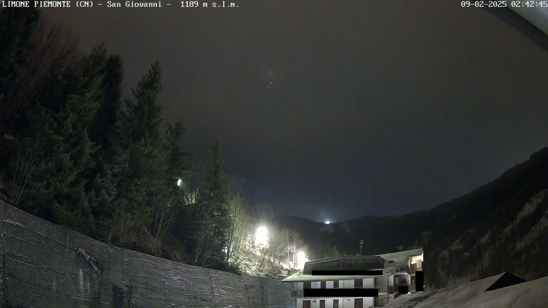 A nighttime view of a mountainside village under a dark, overcast sky, with evergreens in the foreground and a few lights visible on the hillside.