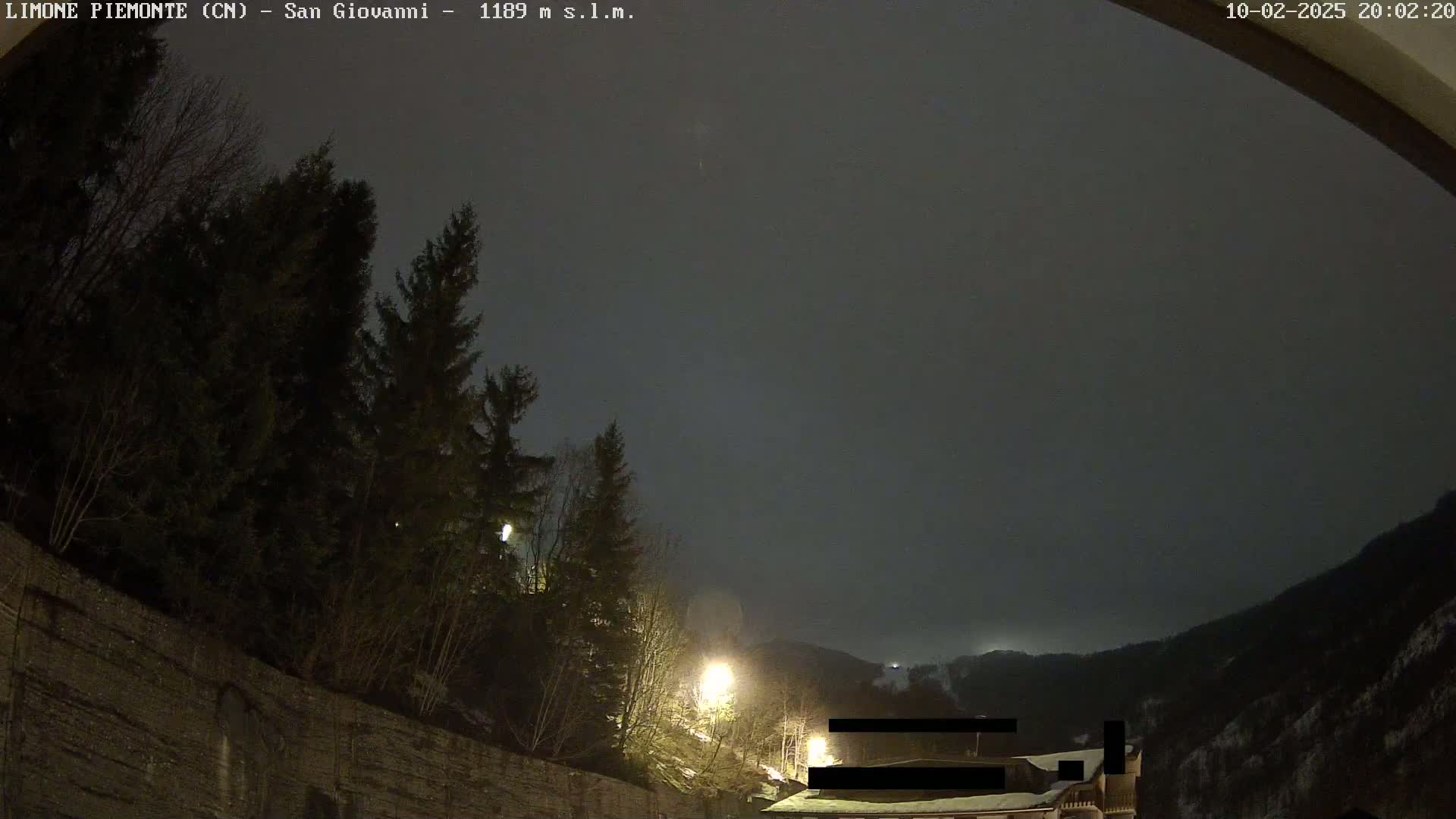 A nighttime view of snow-covered mountains under an overcast sky, with dark evergreen trees and a few illuminated streetlights in the foreground.