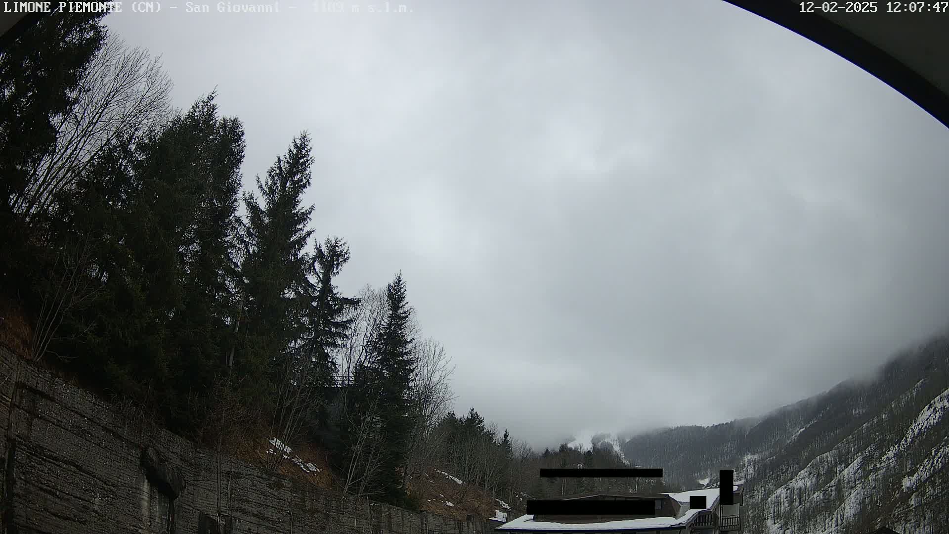 A cloudy, overcast day reveals a mountainside with evergreens and a stone wall, partially obscured by fog in the distance.