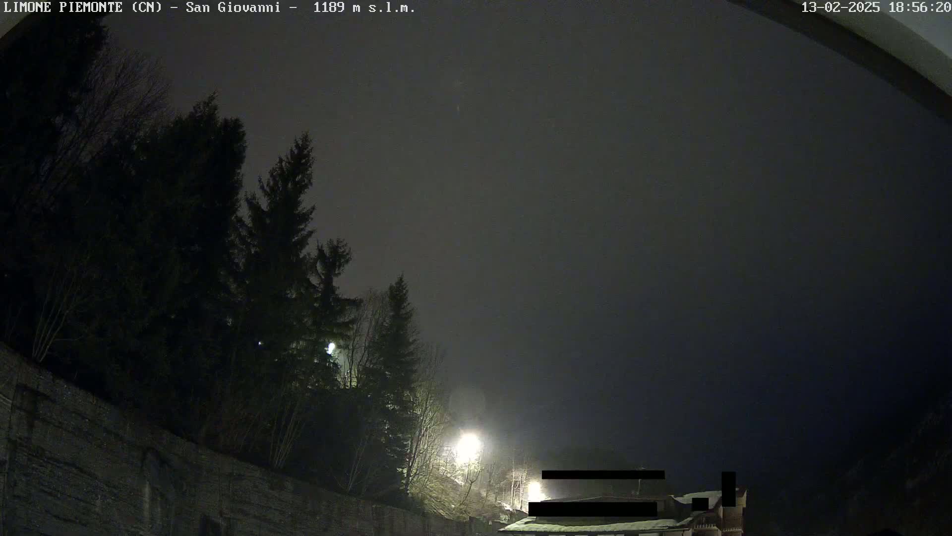 A nighttime, foggy scene shows dark evergreen trees and a stone wall next to a building, lit by a streetlamp.
