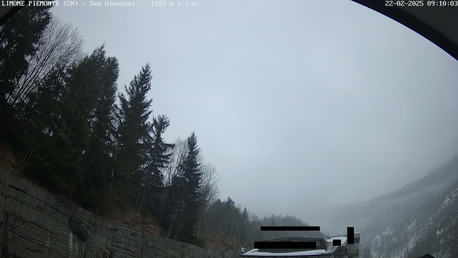 A foggy, overcast day reveals a rocky hillside covered with evergreen trees and a partially obscured building in the distance.