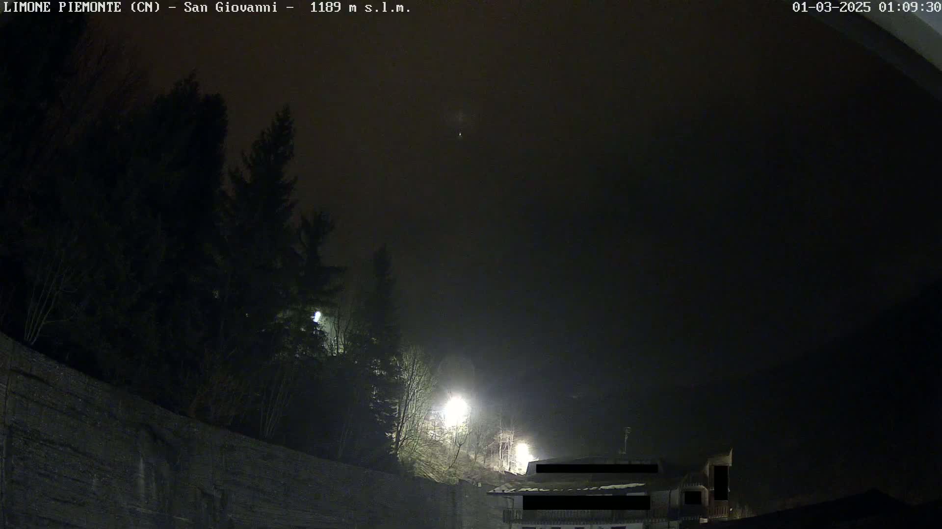 A nighttime, foggy view of a dark hillside with sparsely lit buildings and evergreen trees.