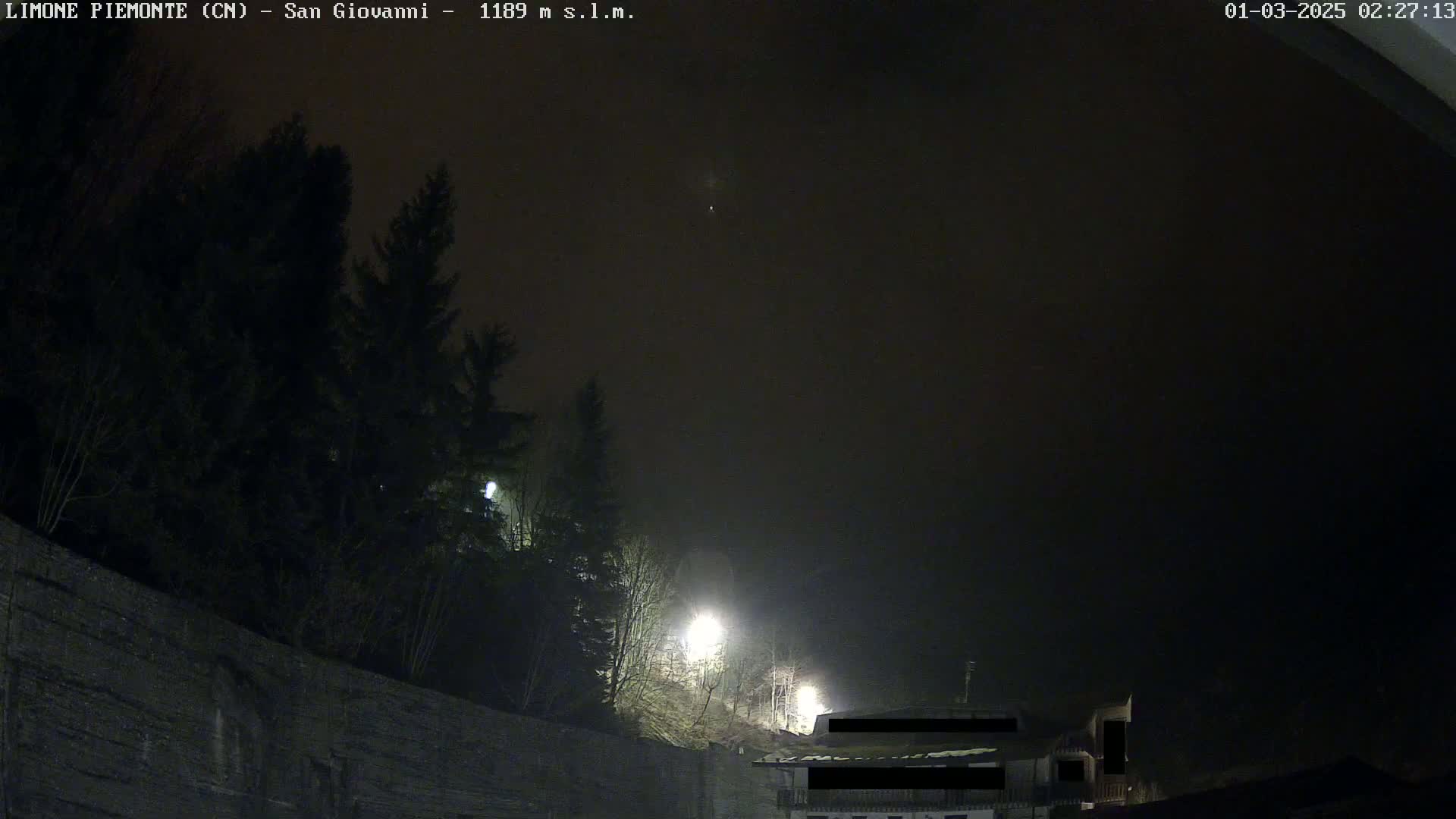 A nighttime, foggy view shows dark trees and a stone wall illuminated by a few streetlights, with a building partially visible in the lower right.