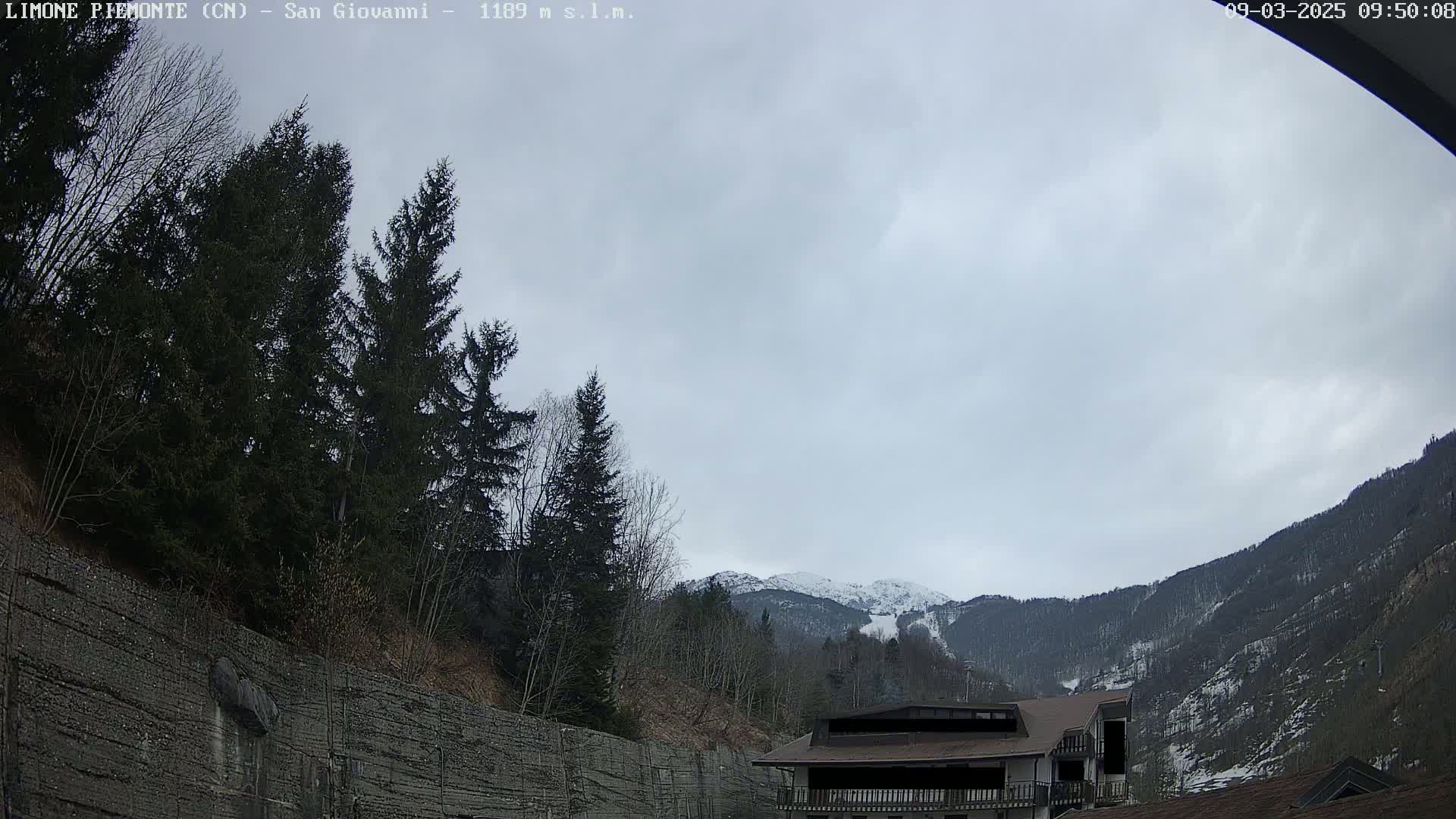 A cloudy day reveals a snow-capped mountain behind a building nestled in a valley of dark evergreens and leafless trees, partially obscured by a tall retaining wall.