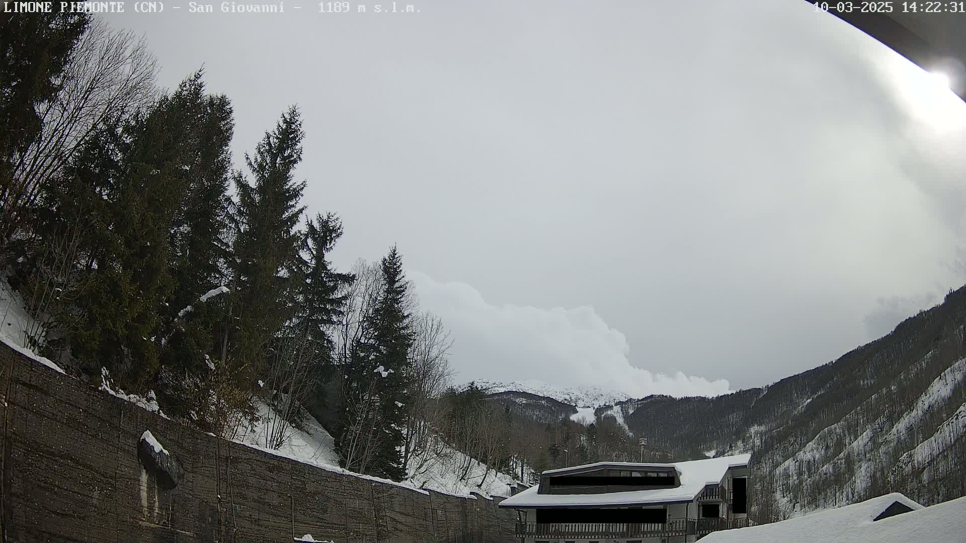 A large avalanche of snow is cascading down a mountainside in overcast conditions, past a snow-covered building and evergreen trees.