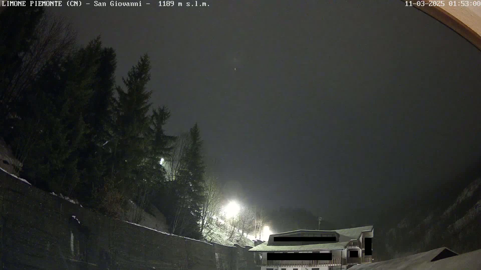 A nighttime scene showing a snow-covered building nestled among dark evergreens under a dark, overcast sky.
