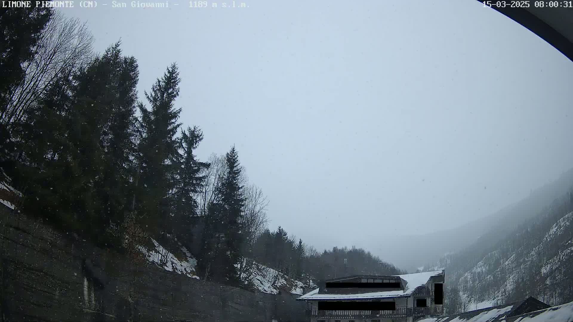 A lightly snow-covered mountain valley scene is visible, with evergreen trees lining a roadway and a building partially obscured by falling snow.