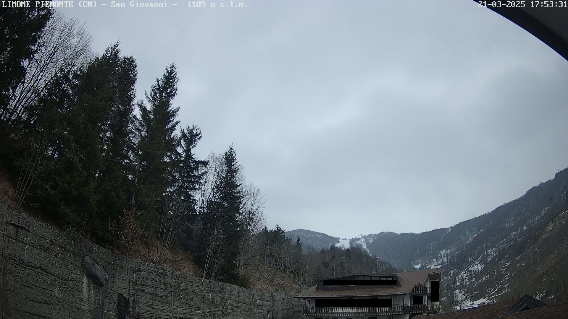 A view of a snowy mountainside, partially obscured by evergreens and a stone wall, under an overcast sky.