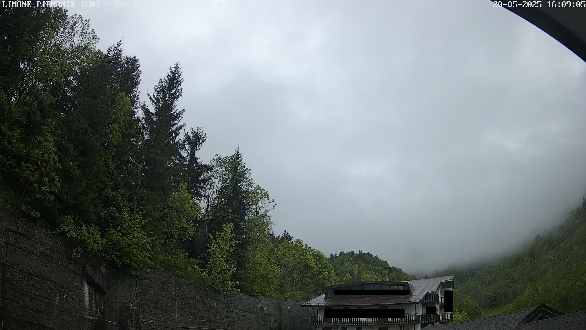 A building sits nestled among lush green trees on a hillside shrouded in a misty, overcast sky.