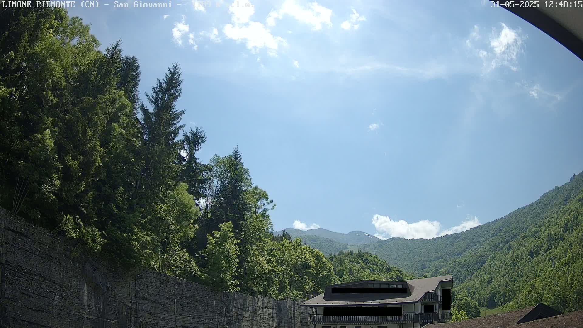 A mostly sunny sky is visible above a lush green mountainside, partially obscured by tall trees and a building.