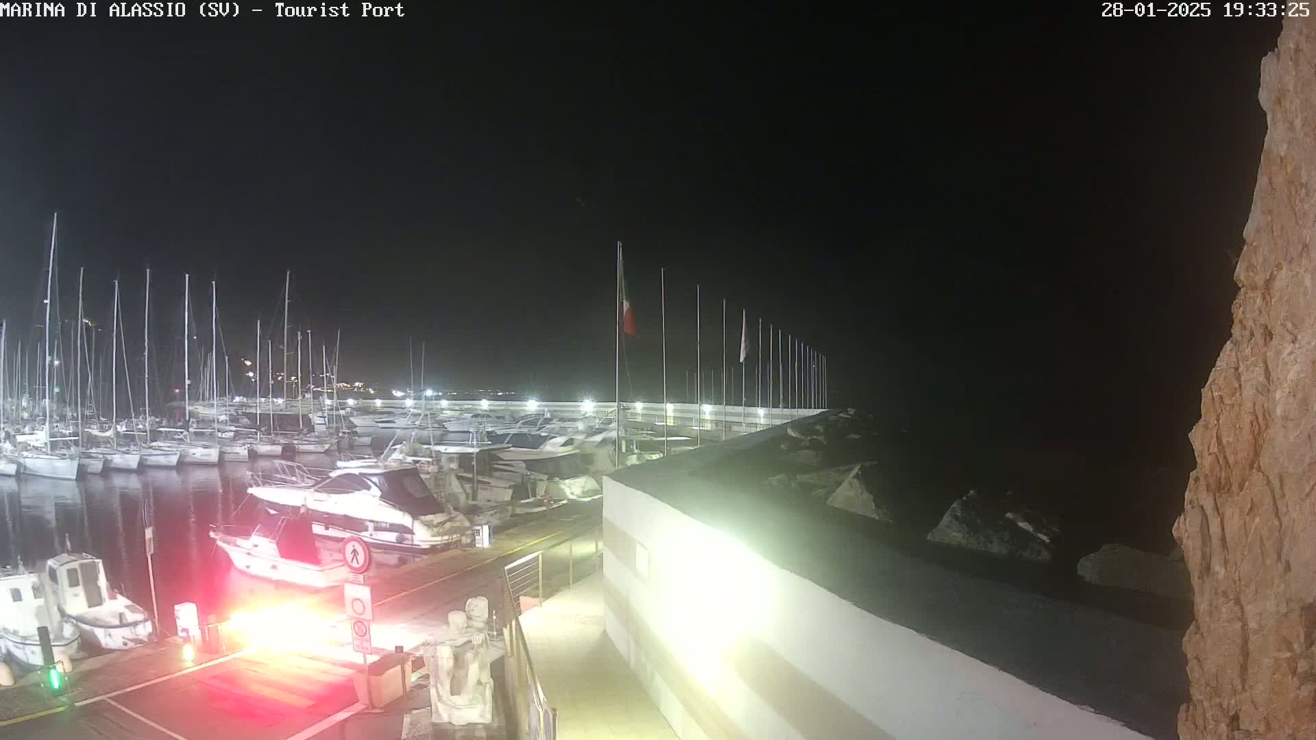 A nighttime view of a marina filled with sailboats and motorboats, under a clear, dark sky.