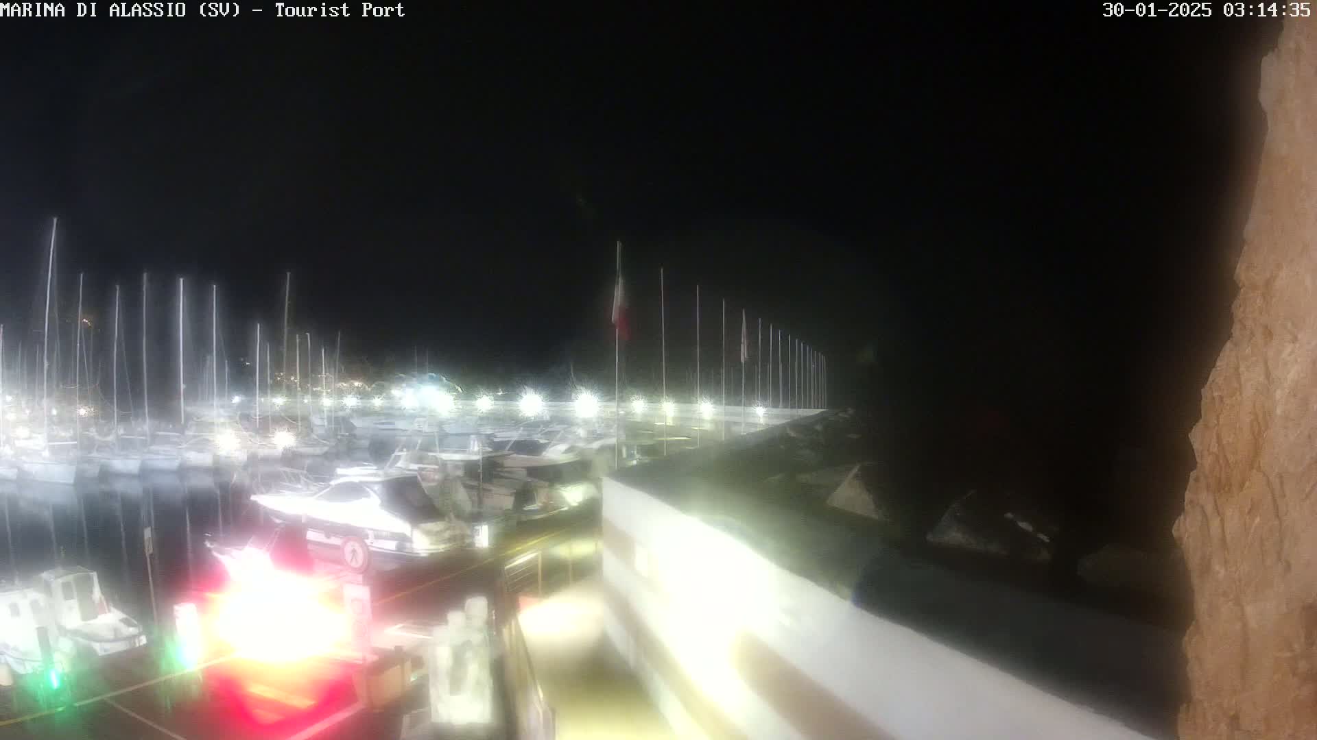 A nighttime view of a marina filled with boats, illuminated by lights, under a clear, dark sky.