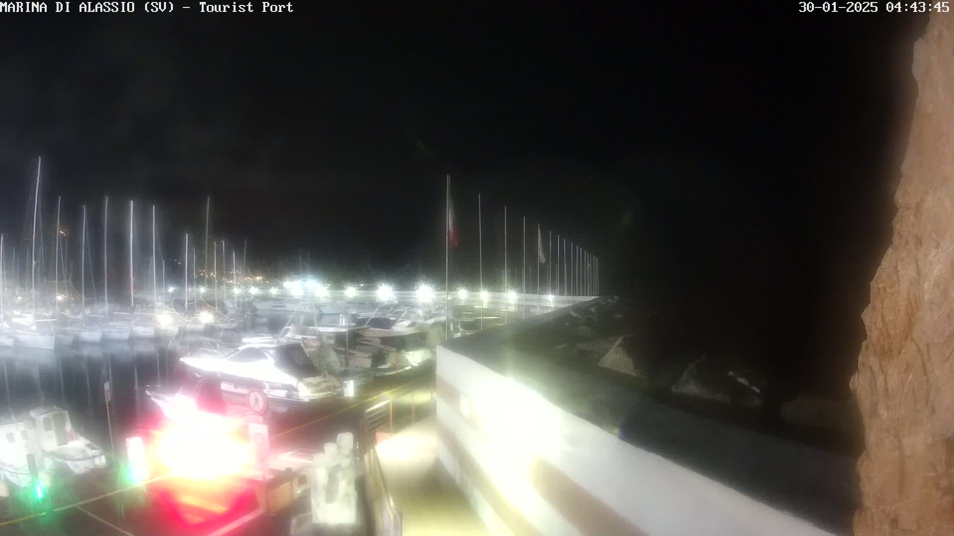 A nighttime view of a marina filled with boats, illuminated by artificial lights under a dark sky.