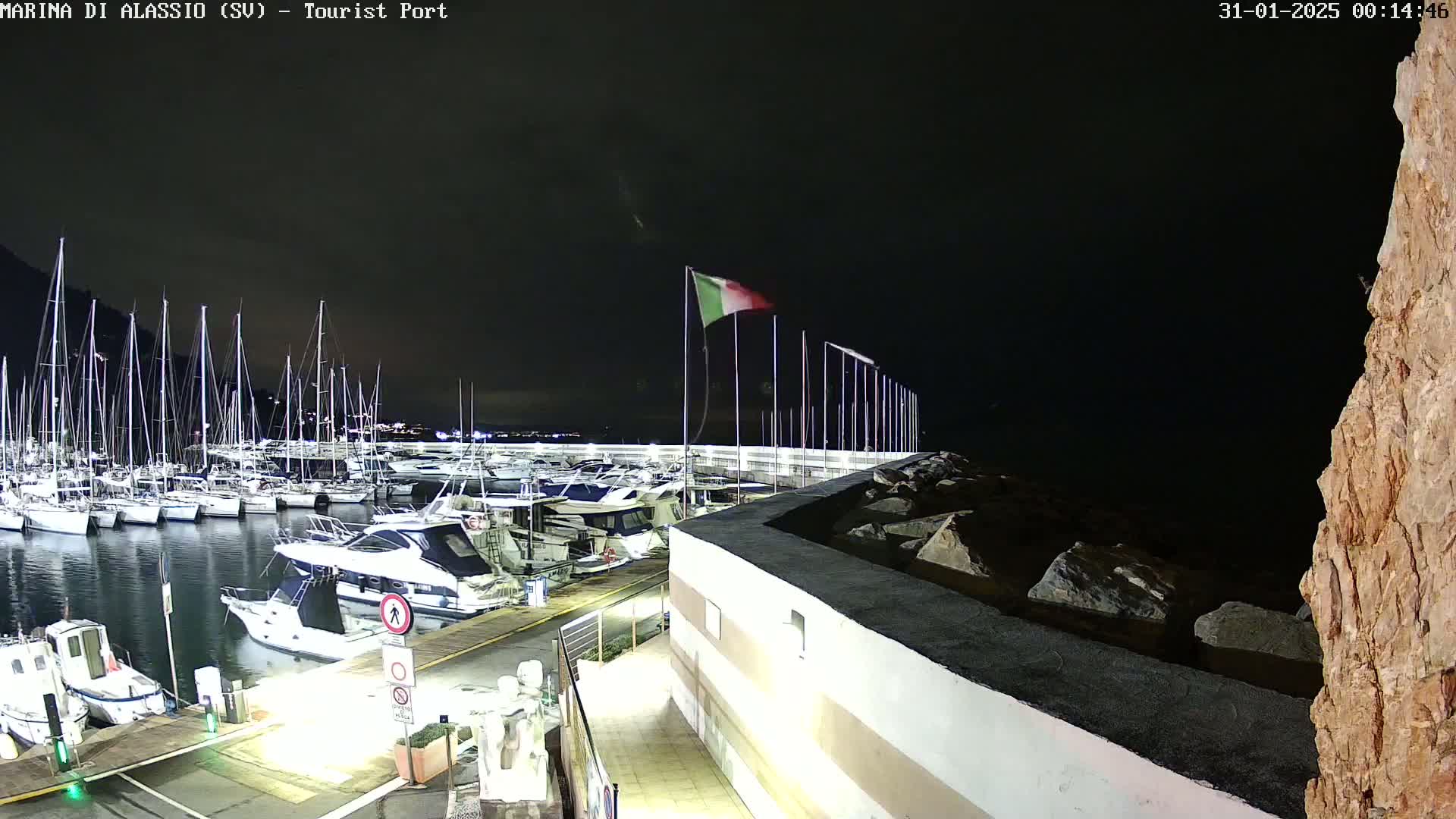 A nighttime view of a marina filled with sailboats and motorboats, under a dark sky.