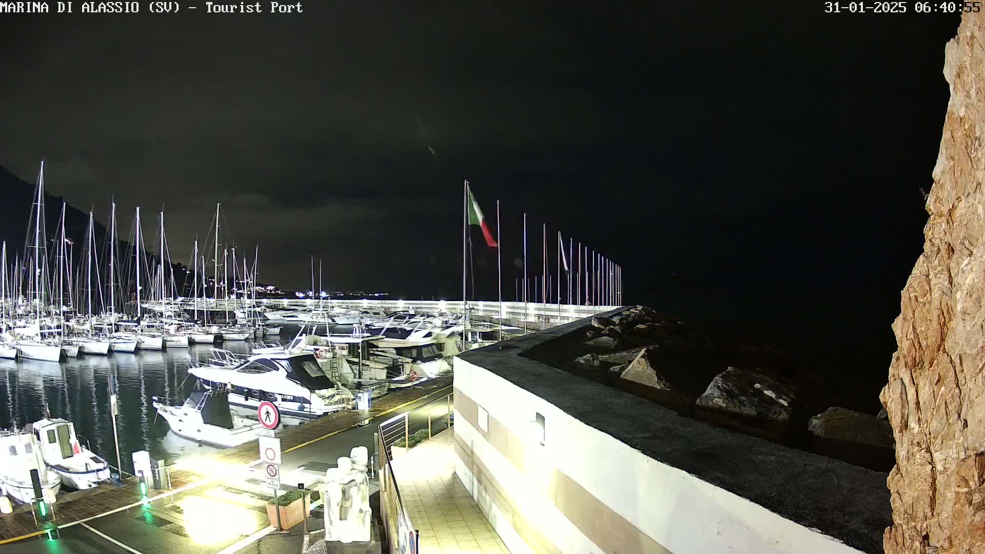 A nighttime view of a marina filled with numerous boats docked alongside a walkway, under a dark, cloudy sky.
