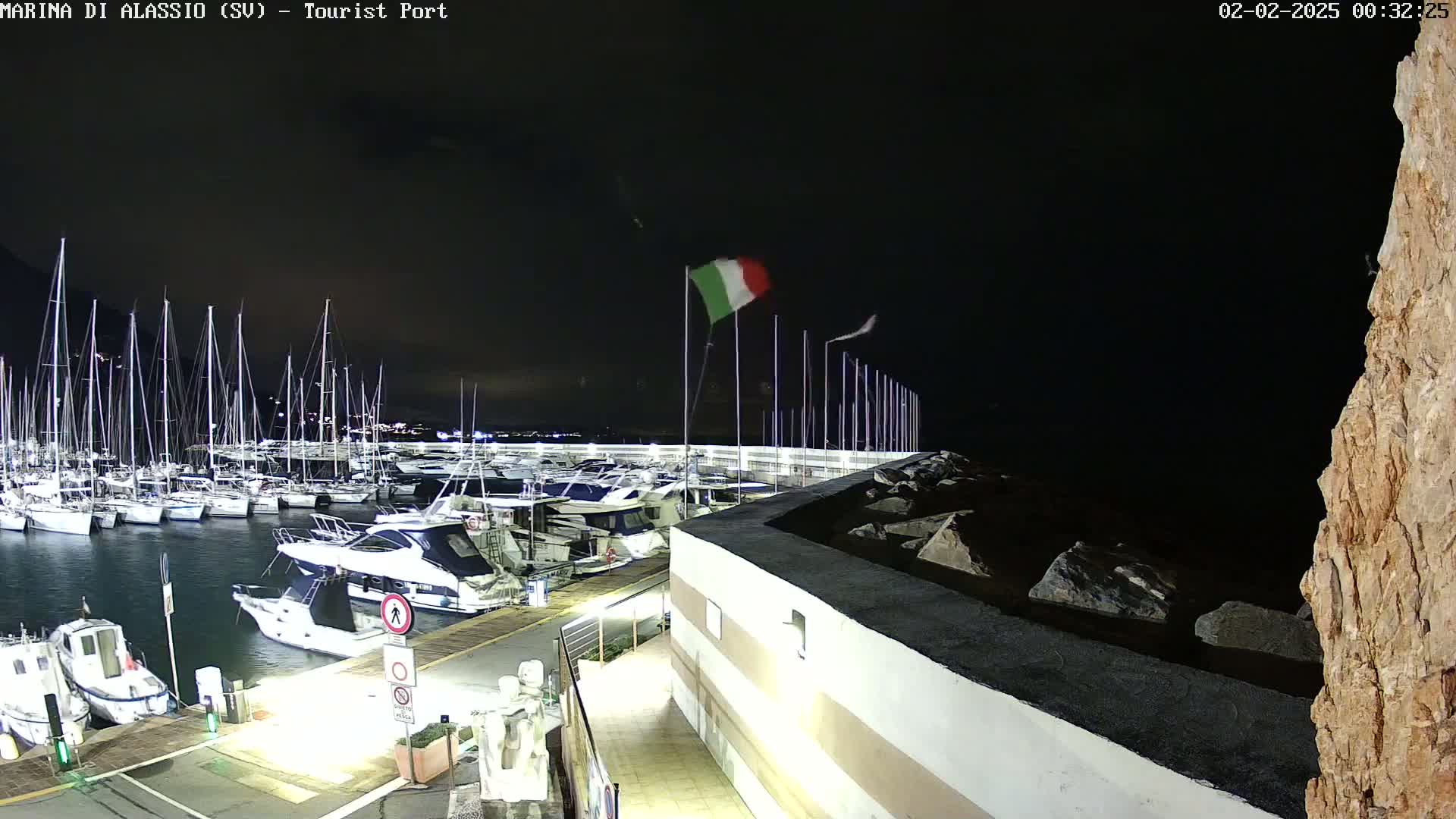 A nighttime view of a marina filled with sailboats and motorboats, under a dark sky with a gently waving Italian flag.