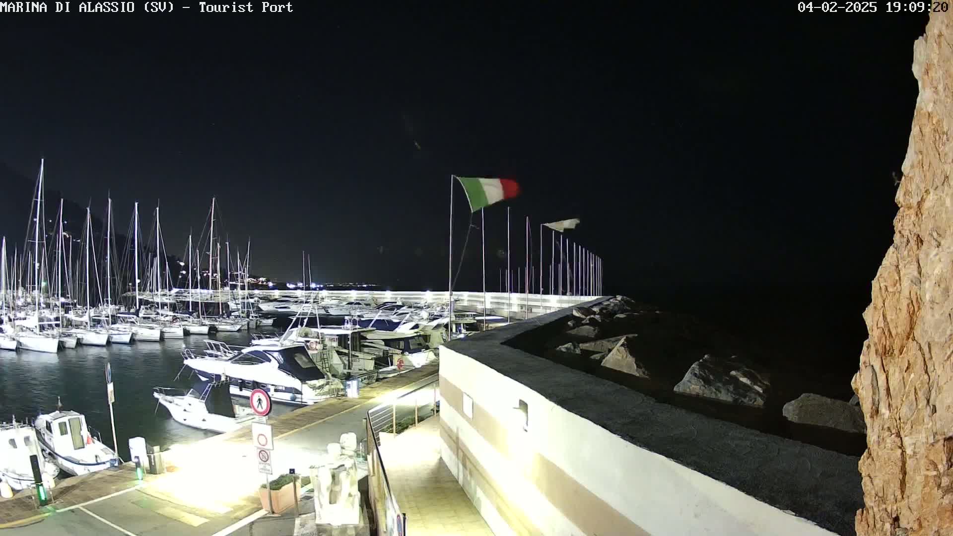 A marina at night, filled with numerous boats under a clear, dark sky, with an Italian flag waving in the wind.