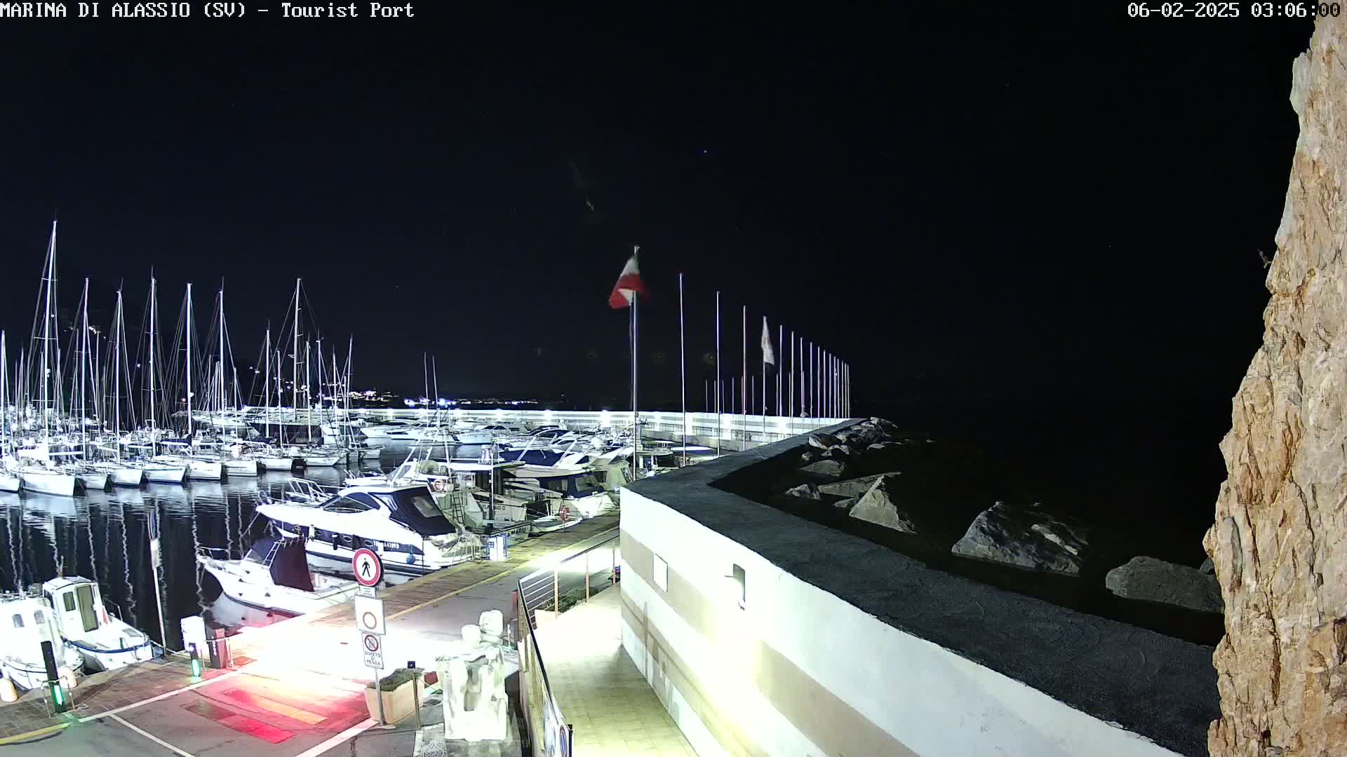 A marina filled with sailboats and motorboats at night under a clear, dark sky.