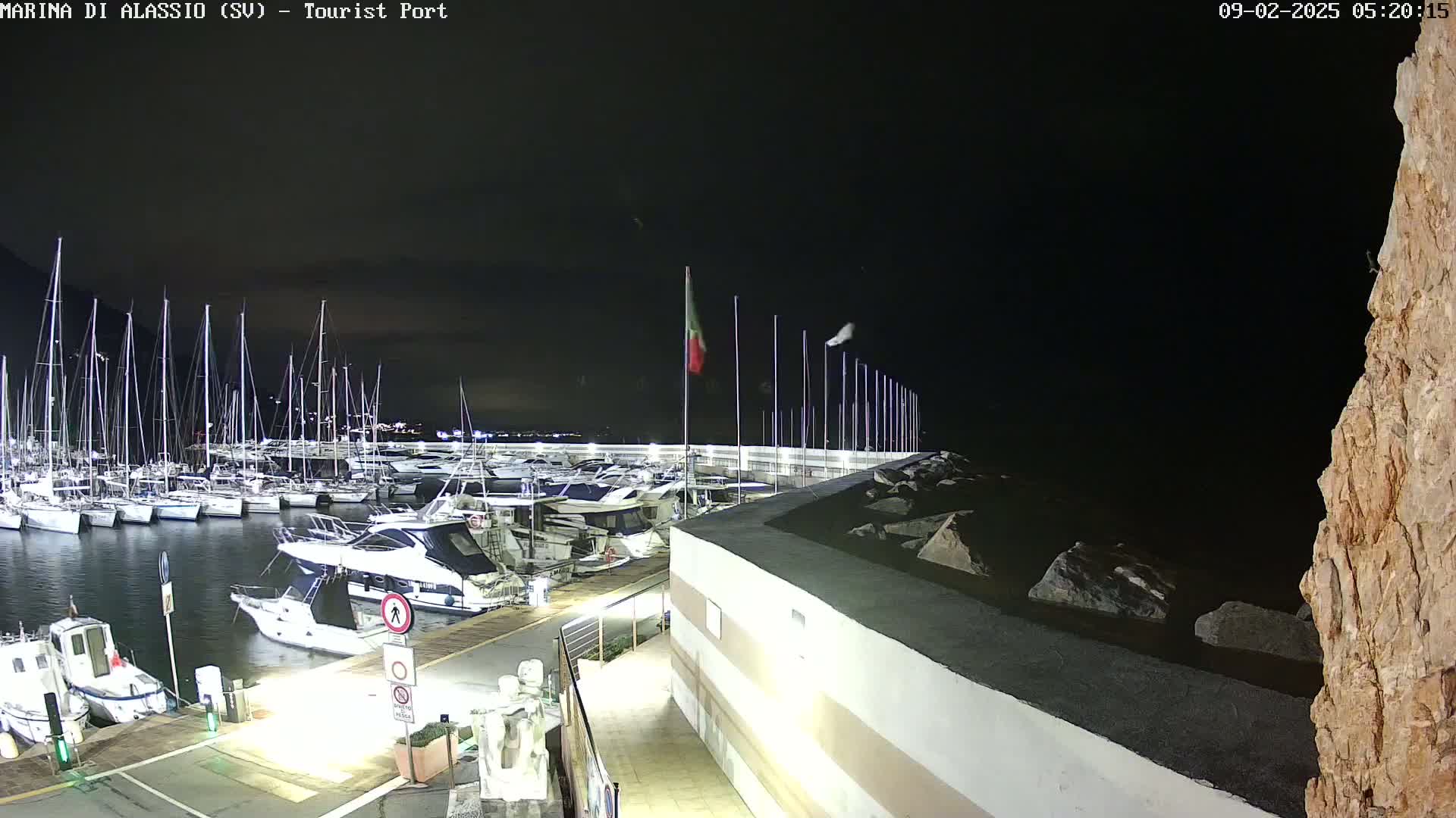 A nighttime view of a marina filled with sailboats and motorboats, under a dark sky.
