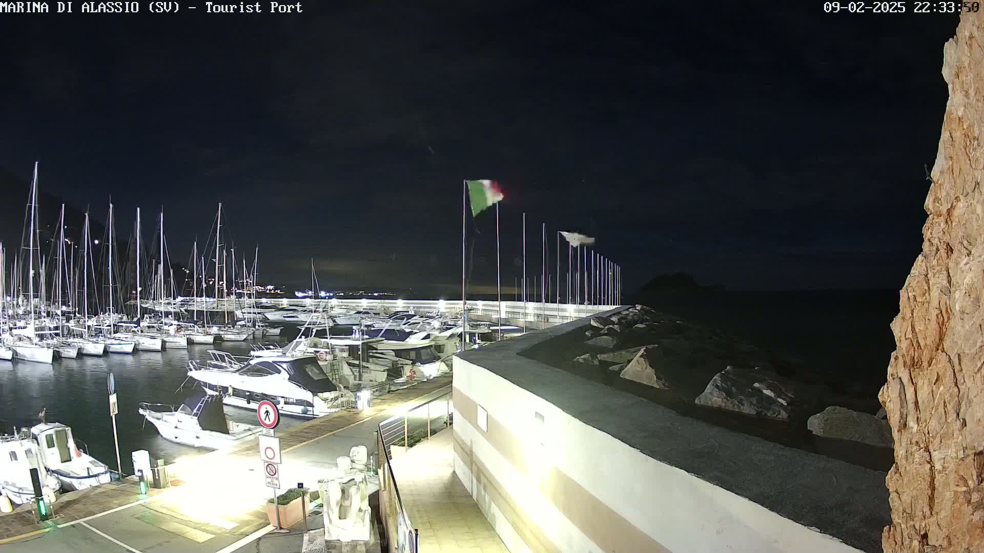 A nighttime view of a marina filled with sailboats and motorboats, under a dark sky.