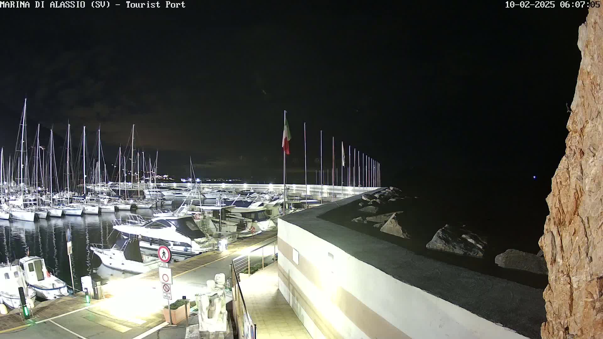 A nighttime view of a marina filled with sailboats and motorboats, under a clear, dark sky.