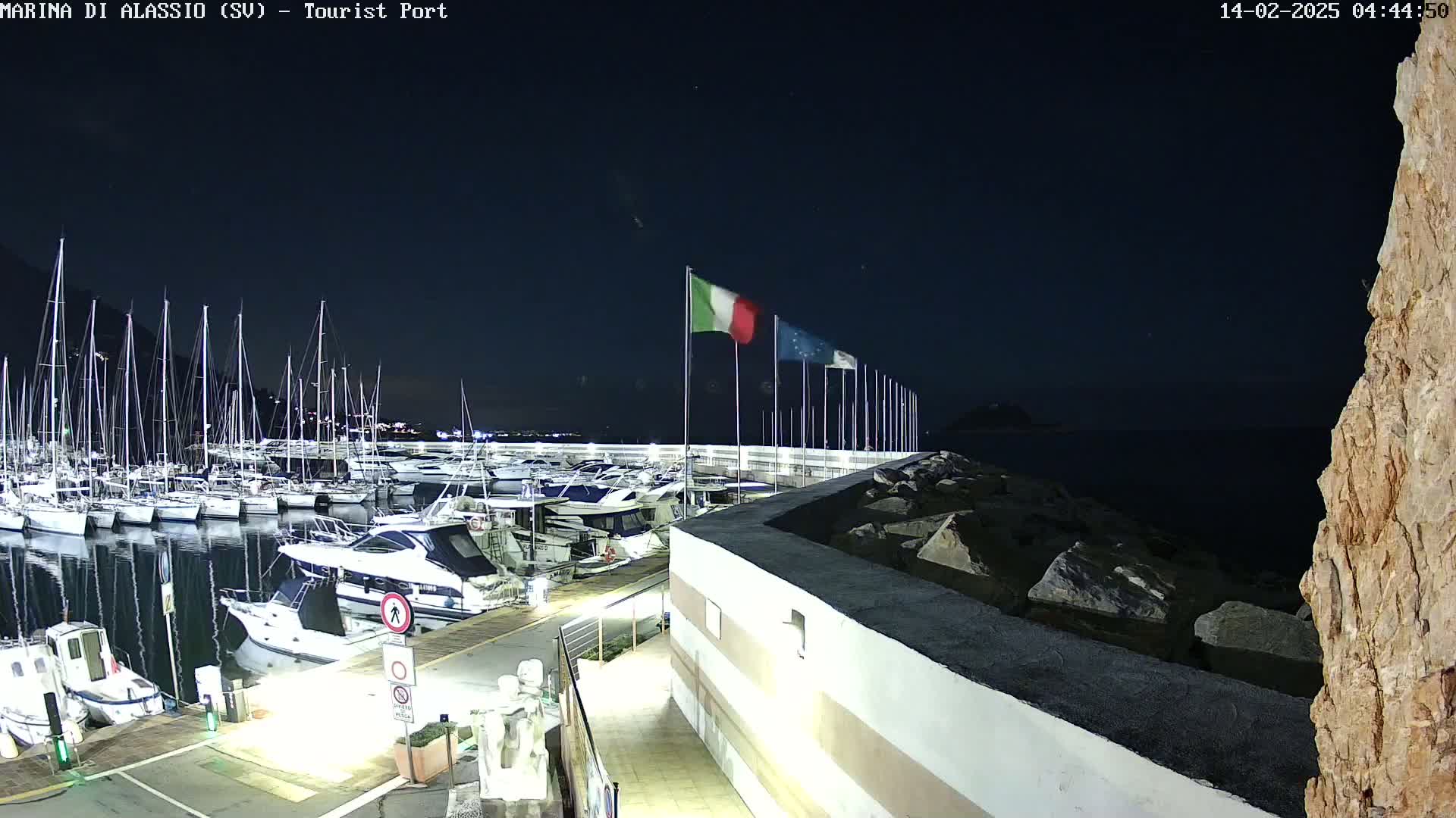 A marina at night, filled with sailboats and motorboats, is illuminated under a clear, dark sky.