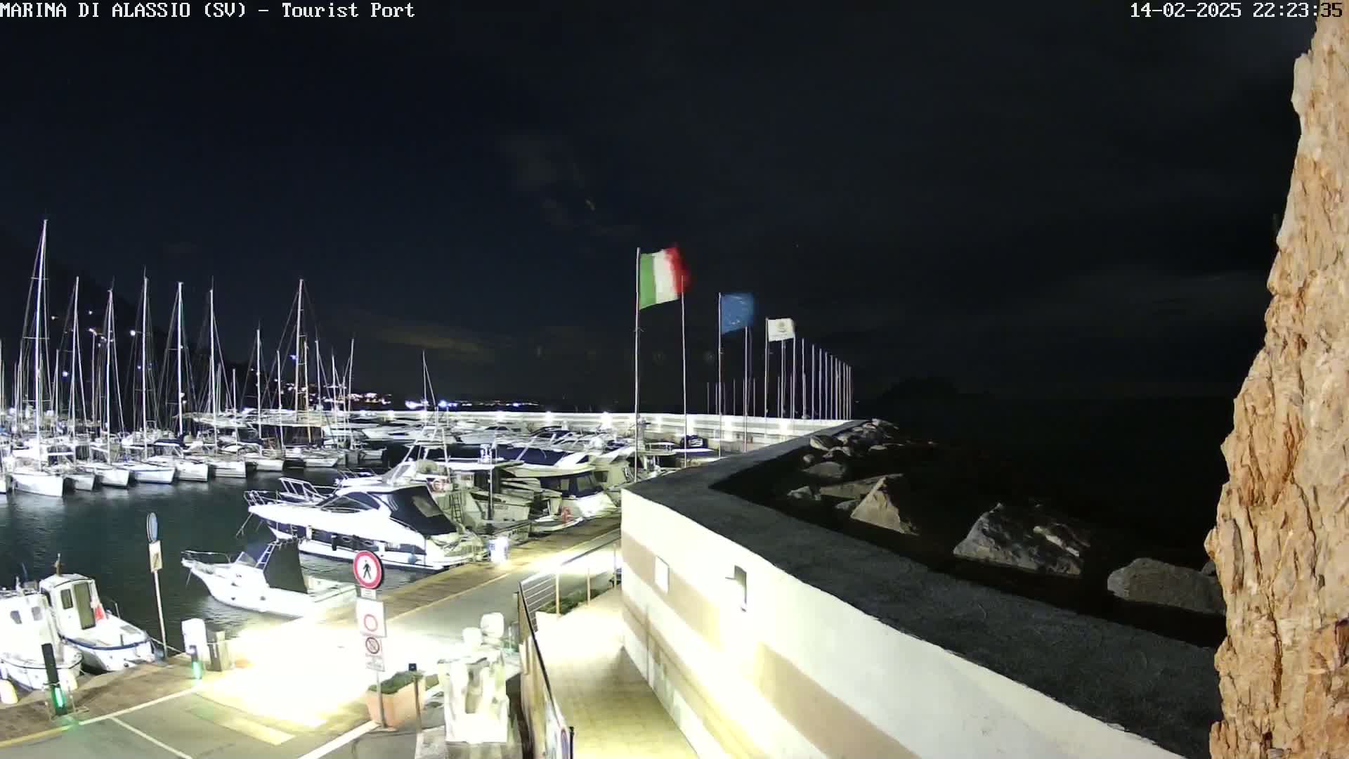 A nighttime view of a marina filled with sailboats and motorboats, under a dark sky.