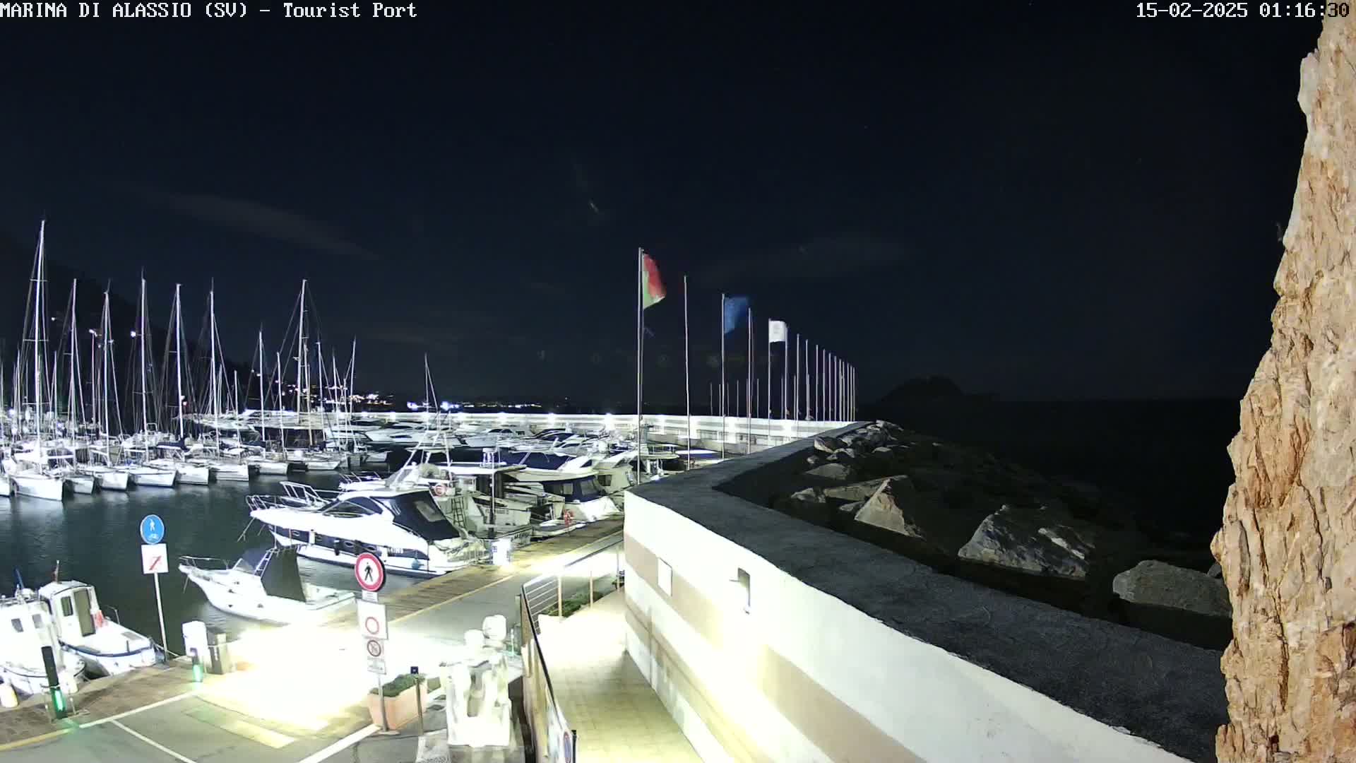 A nighttime view of a marina filled with sailboats and motorboats, under a clear, dark sky.