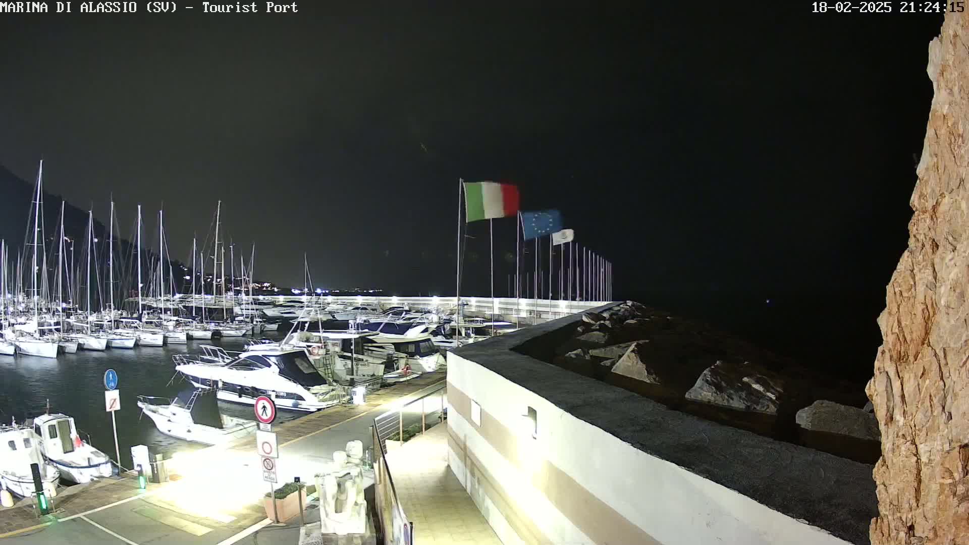 A nighttime view of a marina filled with sailboats and motorboats, under a dark sky.