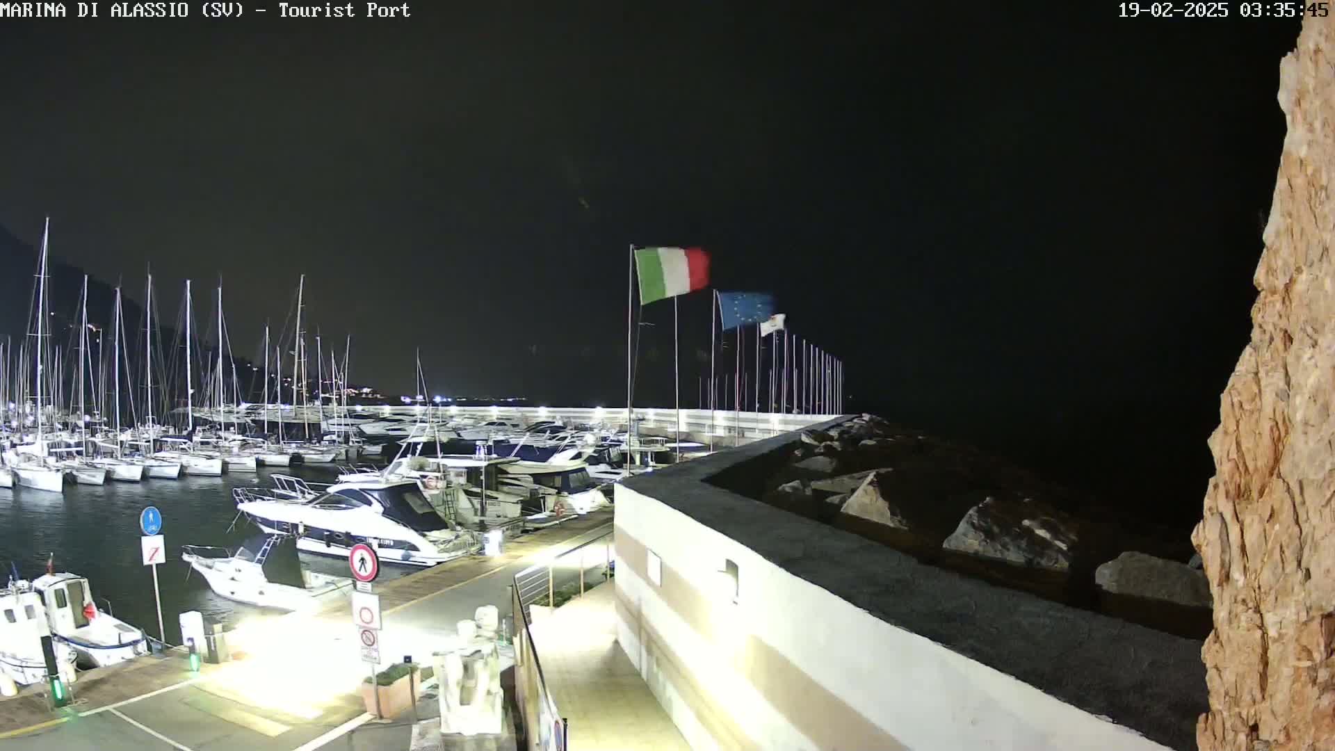 A nighttime view of a marina filled with boats, with Italian and European Union flags waving in the dark, calm water.