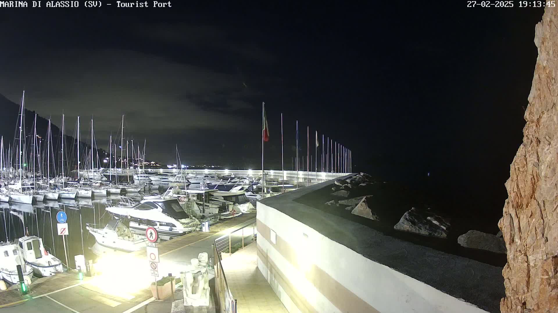 A nighttime view of a marina filled with sailboats and motorboats under a dark, mostly clear sky.