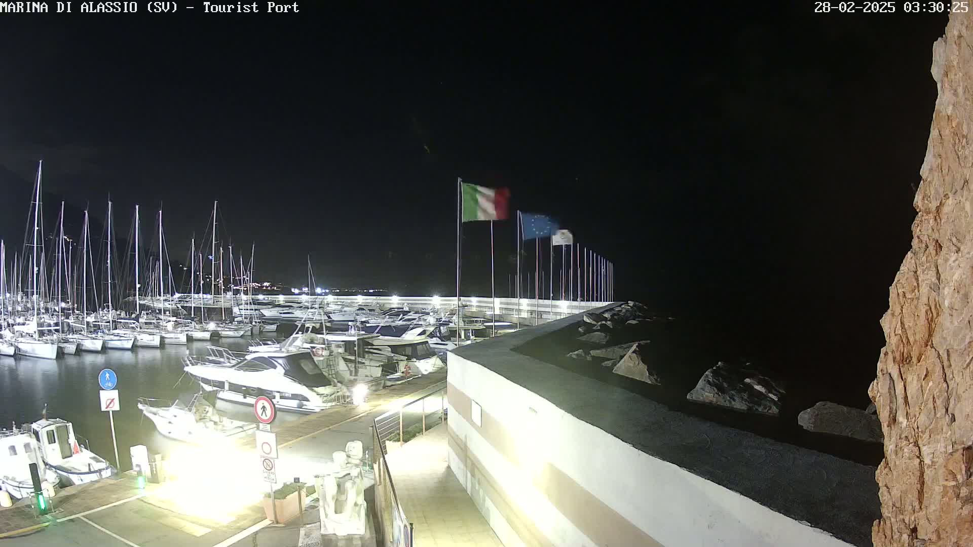 A nighttime view of a marina filled with boats and yachts, under a clear, dark sky, with Italian flags waving in the background.