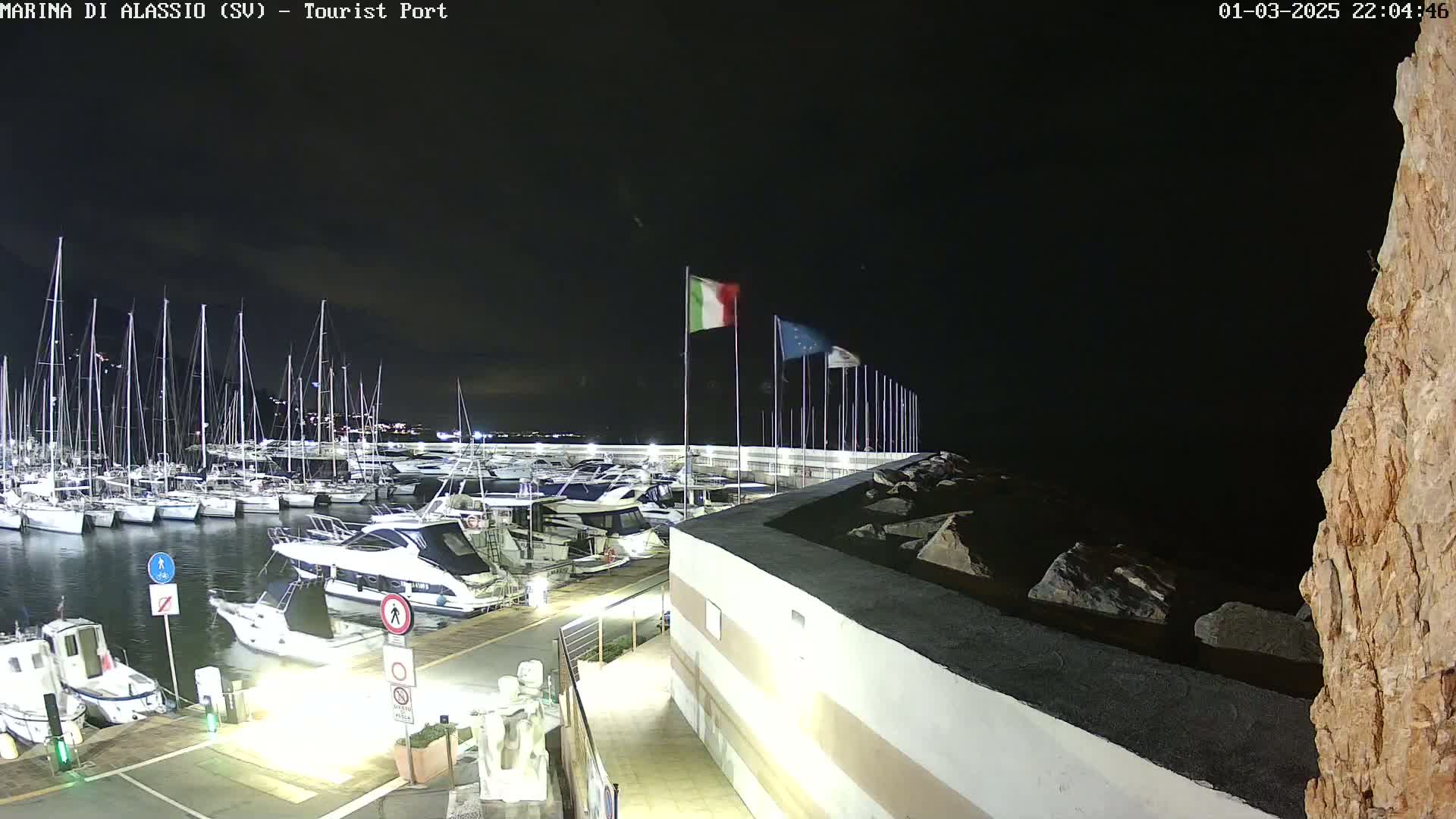 A nighttime view of a marina filled with sailboats and motorboats, under a dark sky.