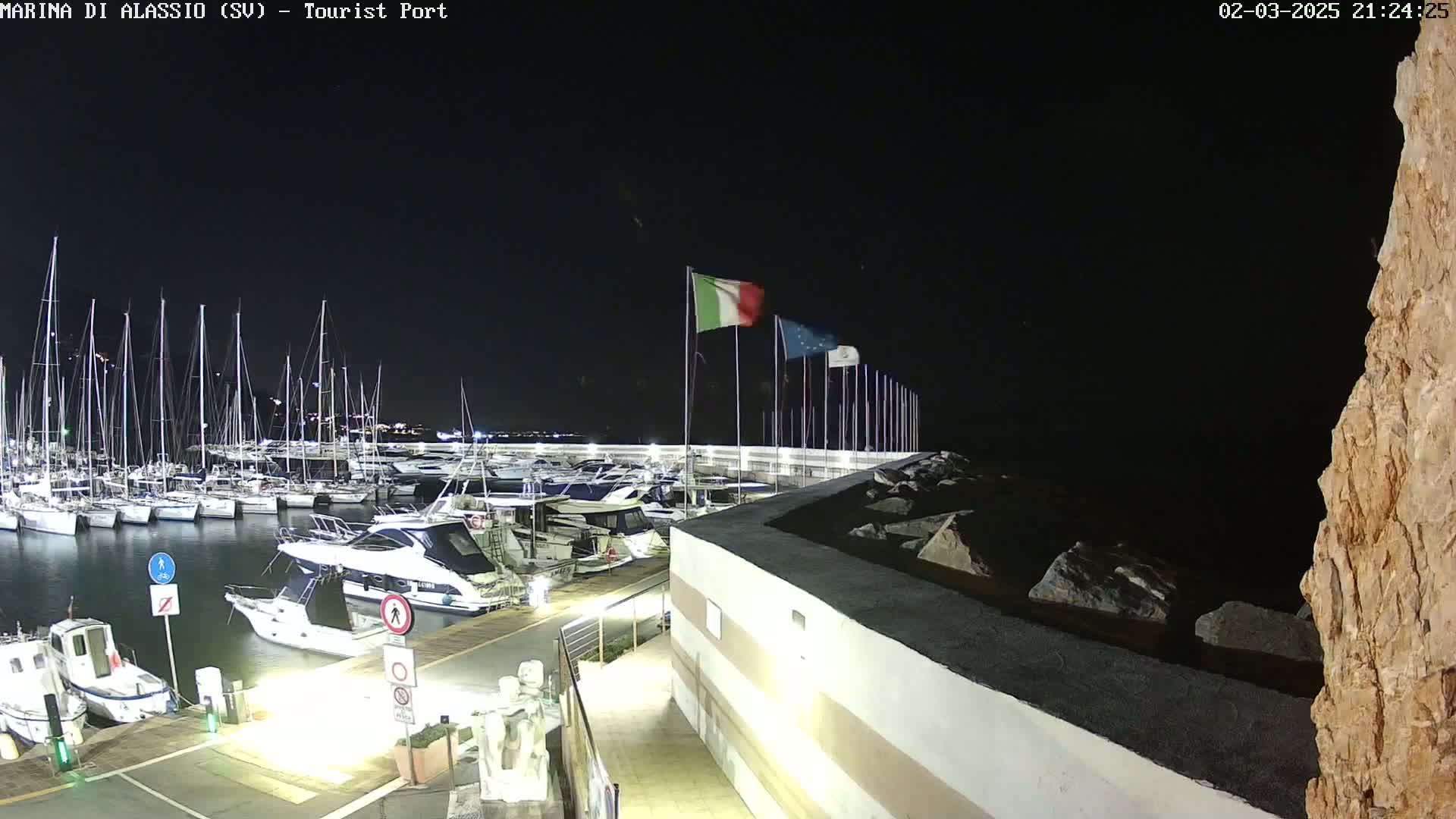 A nighttime view of a marina filled with boats, under a clear, dark sky, with Italian and European Union flags waving in the breeze.