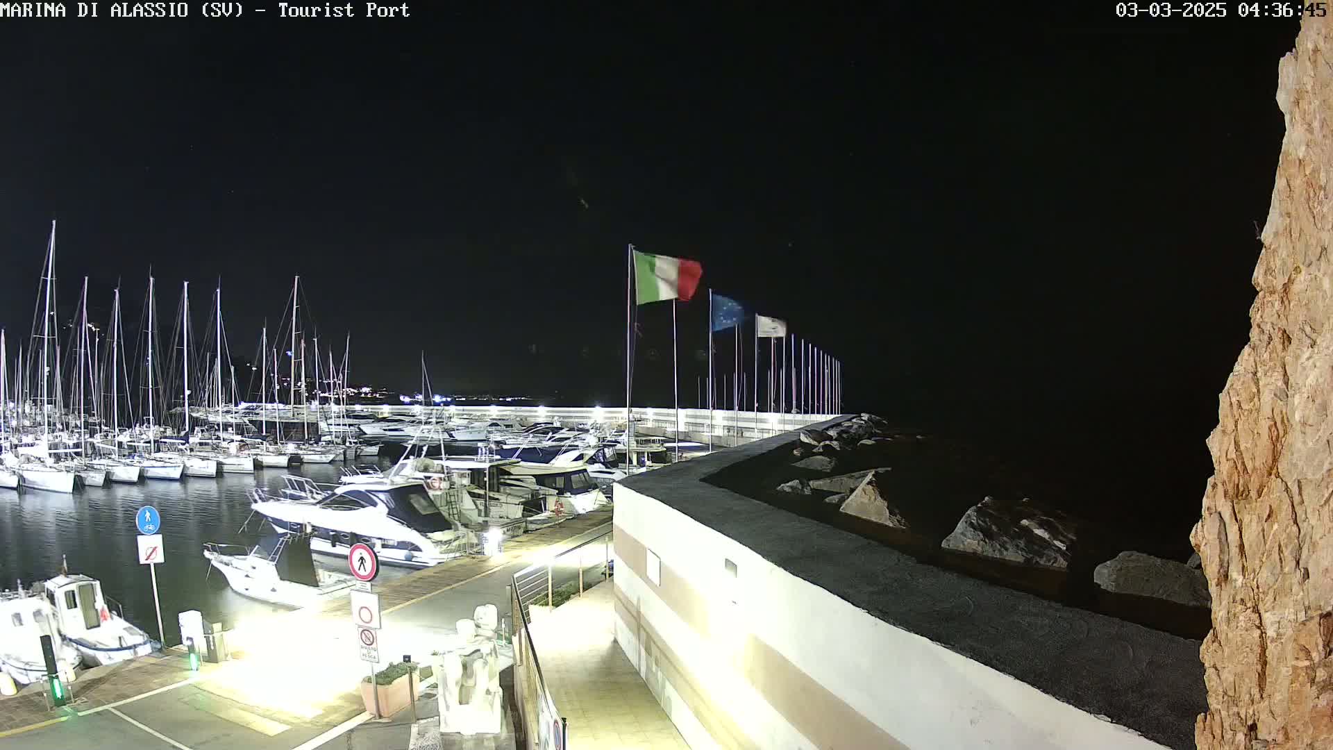 A nighttime view of a marina filled with boats, illuminated by artificial lights, with several flags on poles in the background and a rocky outcrop to the right.